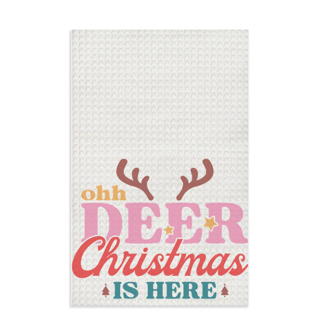 Christmas-themed "Ohh Deer Christmas Is Here" Waffle Kitchen Tea Towels, Cute Christmas Waffle Dish Towels, Kitchen Towels Cute