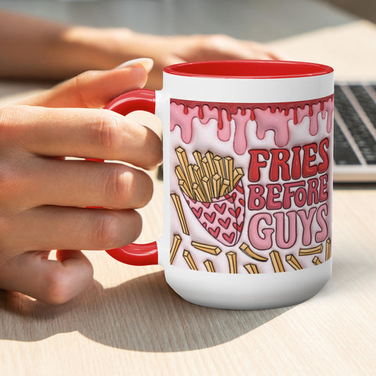 Love Unleashed:  Fries Before Guys Valentine's Two-Tone Mugs - A Symphony of Colors on Glossy White Canvas, Sip Romance Daily!