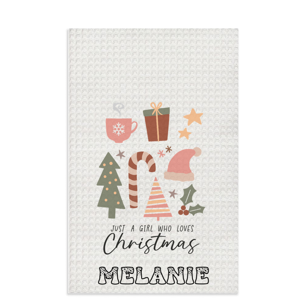 Personalized Beautiful Christmas-Themed "Just A Girl Who Loves Christmas" Waffle Kitchen Tea Towel, Waffle Dish Towel, Cute Stocking Filler