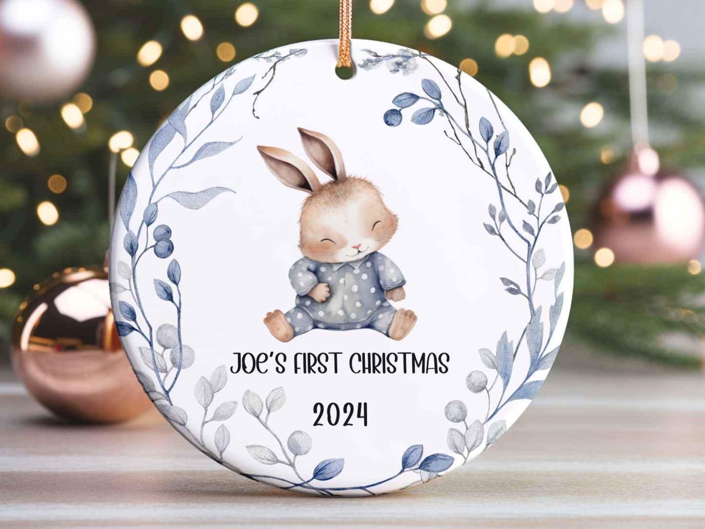 Personalized, Customized Baby’s First Christmas Porcelain Grey Bunny Ornament, Baby’s 1st Christmas Bauble, Baby’s Christmas Keepsake