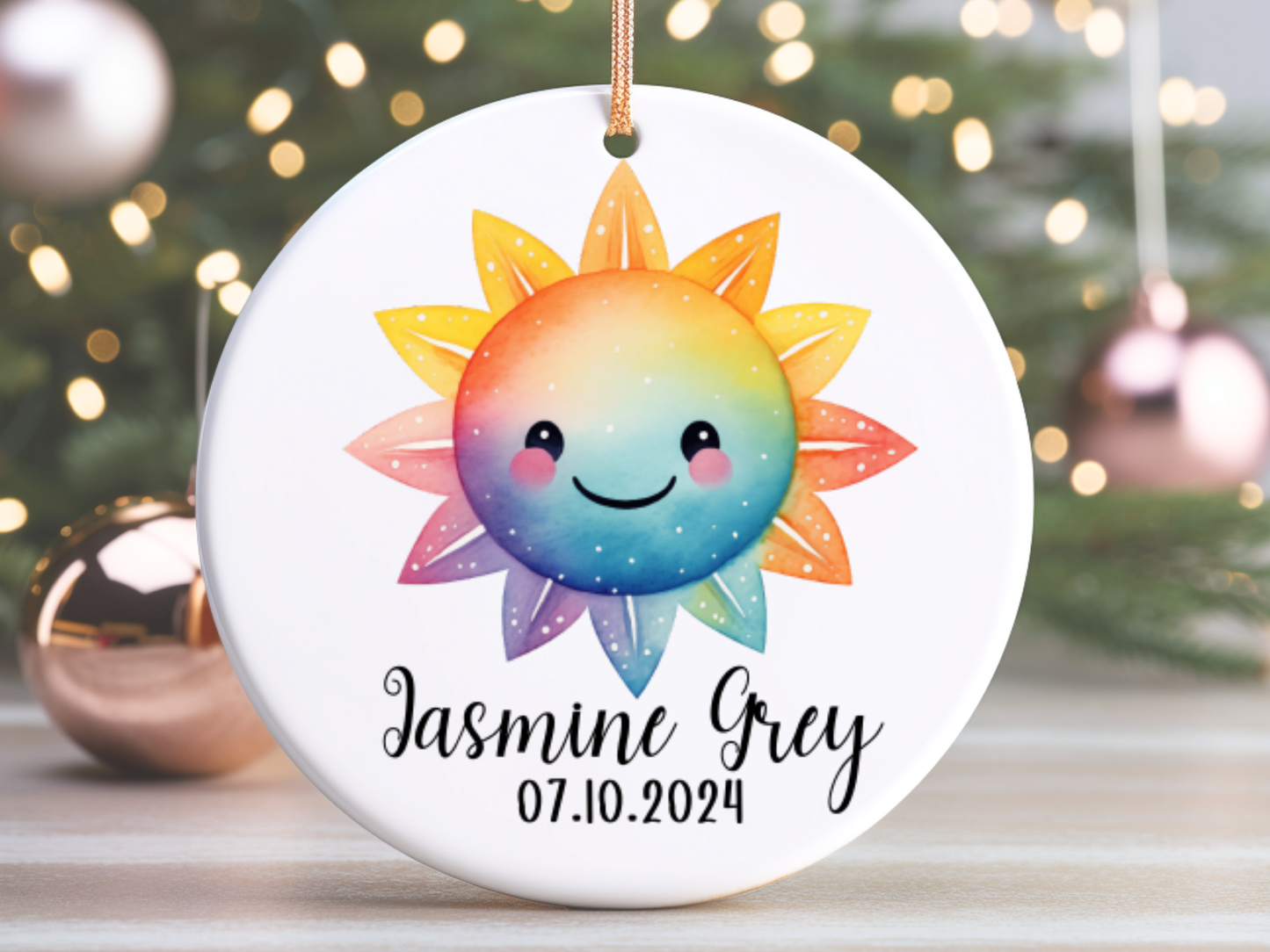 Personalized Newborn Baby Girl And Boy Sun Porcelain Keepsake Bauble, Baby Girl And Boy First Christmas Colorful Sun Ornament