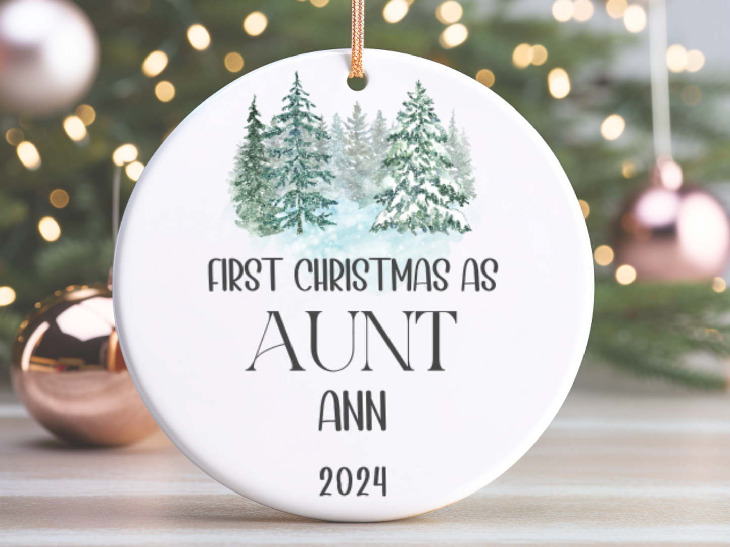 Personalized "First Christmas As Aunt" Christmas Tree Porcelain Ornament, 1st Xmas Bauble Decoration for Aunt