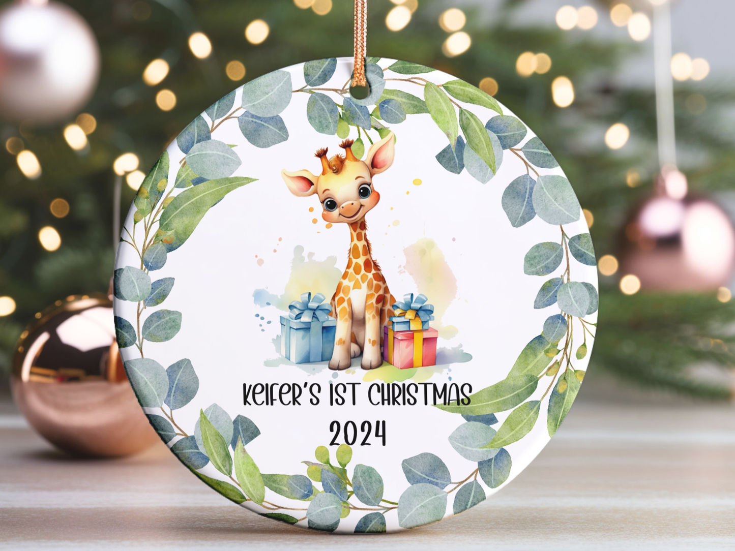 Personalized, Customized Baby’s First Christmas Porcelain Cute Giraffe Ornament, Baby’s 1st Christmas Bauble, Baby’s Christmas Keepsake