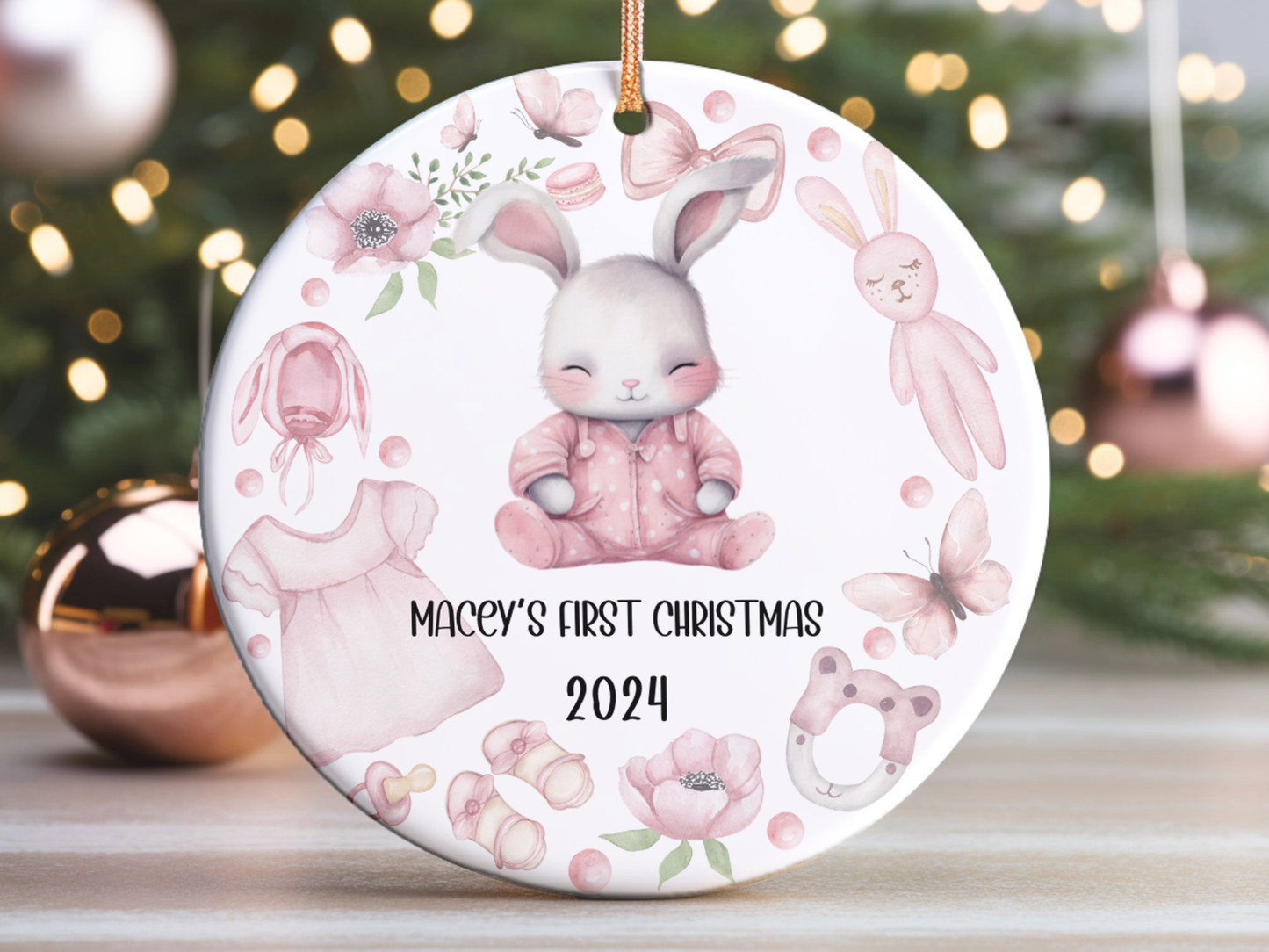 Personalized, Customized Baby’s First Christmas Porcelain Pink Bunny Ornament, Baby’s 1st Christmas Bauble, Baby’s Christmas Keepsake