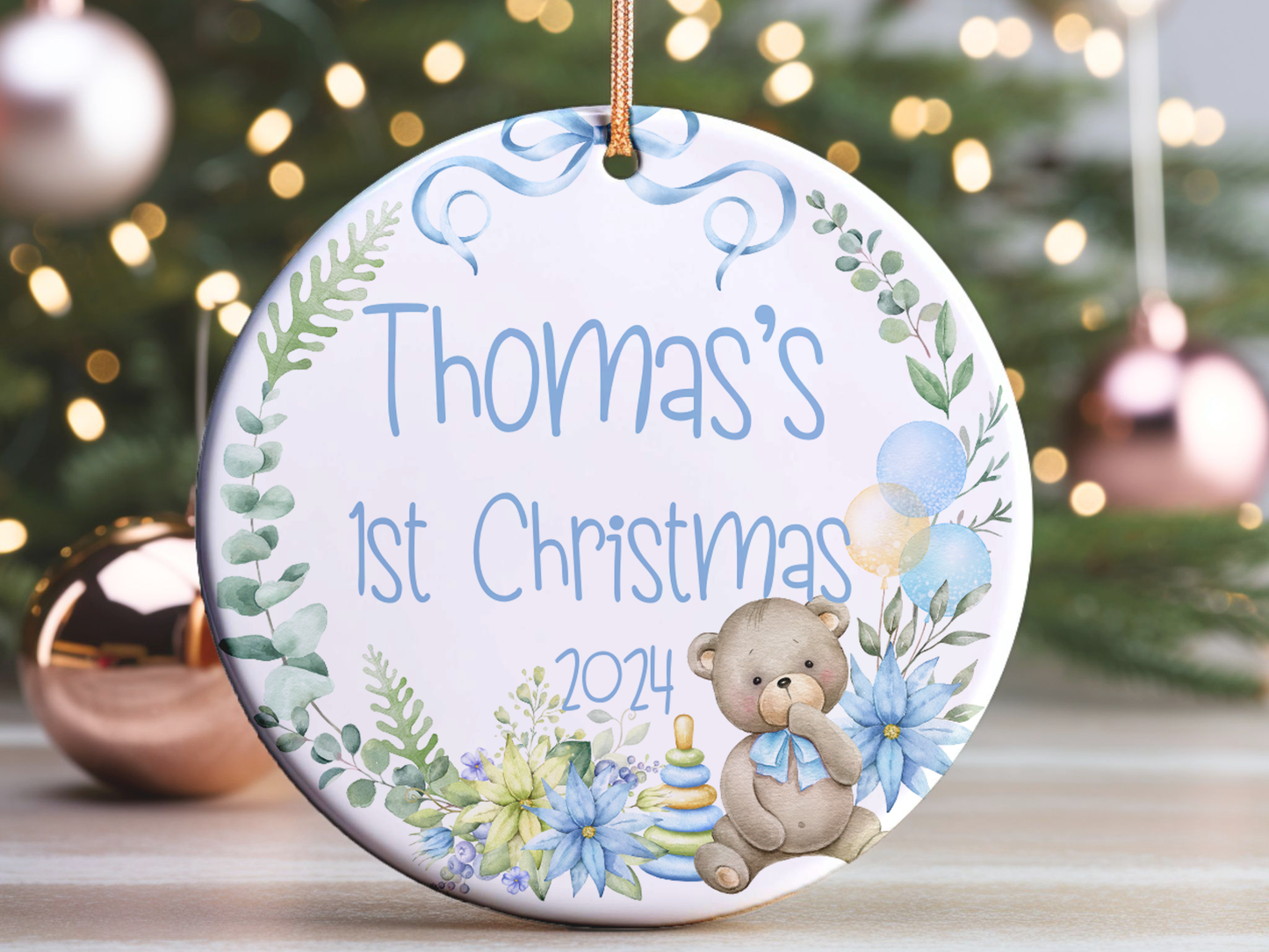 Personalized, Customized Baby’s First Christmas Tree Porcelain Teddy Bear Ornament, Baby’s 1st Christmas Bauble, Baby’s Christmas Keepsake