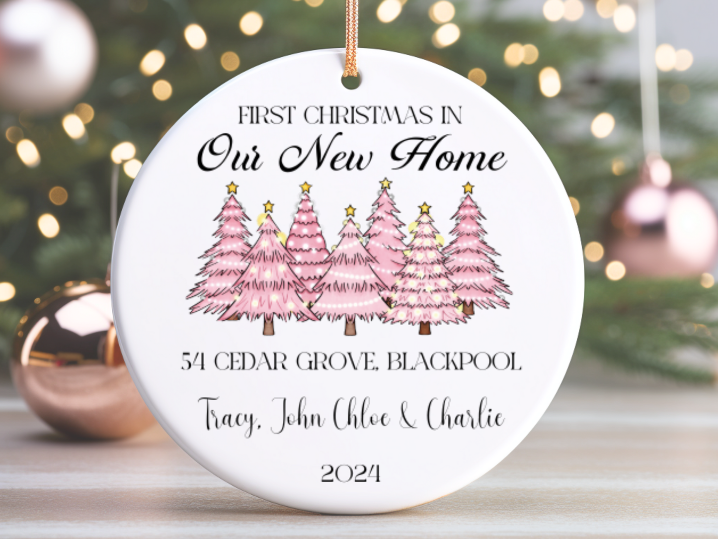 Personalized “First Christmas In Our New Home” Pink Christmas Tree Porcelain Ornament, Customized New House Bauble, Our First Home Keepsake