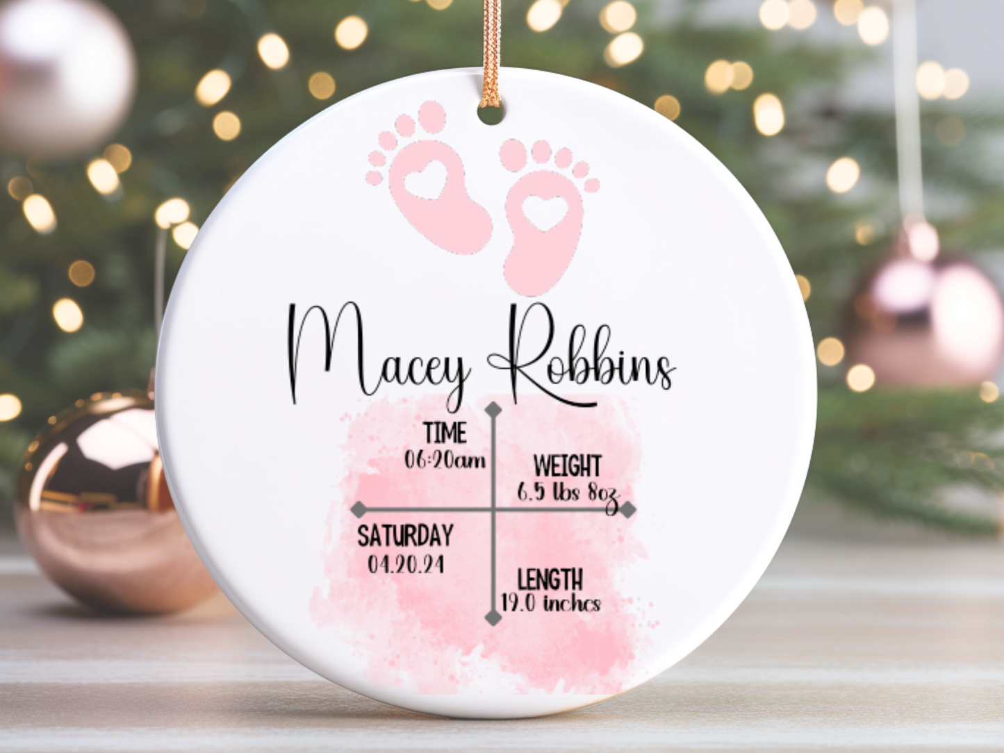 Personalized Newborn Baby Girl Birth Details Porcelain Keepsake Bauble, Baby Girl First Christmas Pink Ornament With Birth Details