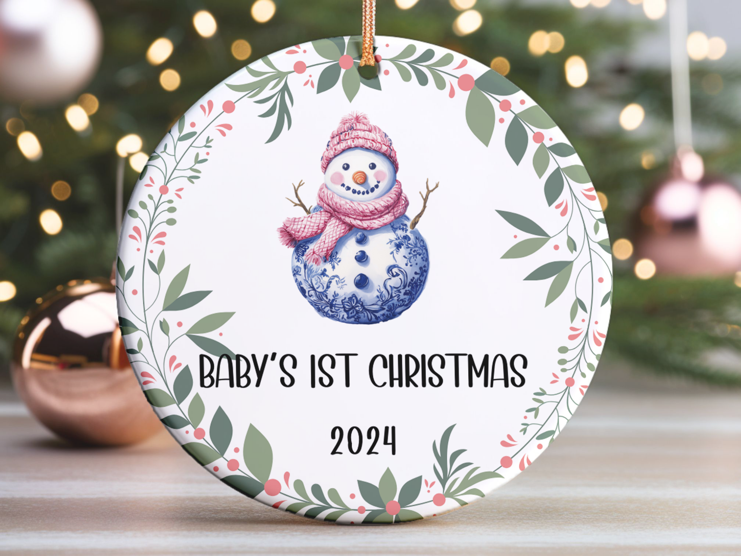 Personalized, Customized Baby’s First Christmas Tree Porcelain Snowman Ornament, Baby’s 1st Christmas Bauble, Baby’s Christmas Keepsake