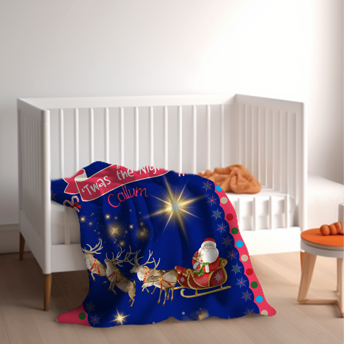 Personalized Children’s Santa's Reindeer Sleigh Plush Minky Blanket, Soft Minky Baby Blanket, 30x40”, 50x60”, 60x80” Kids Throw Blanket.