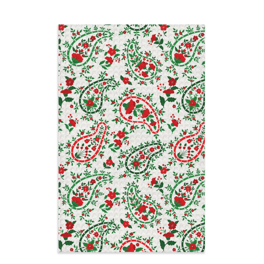 Christmas-Themed Red and Green Paisley Style Waffle Kitchen Tea Towel, Waffle Towel, Cute Stocking Filler