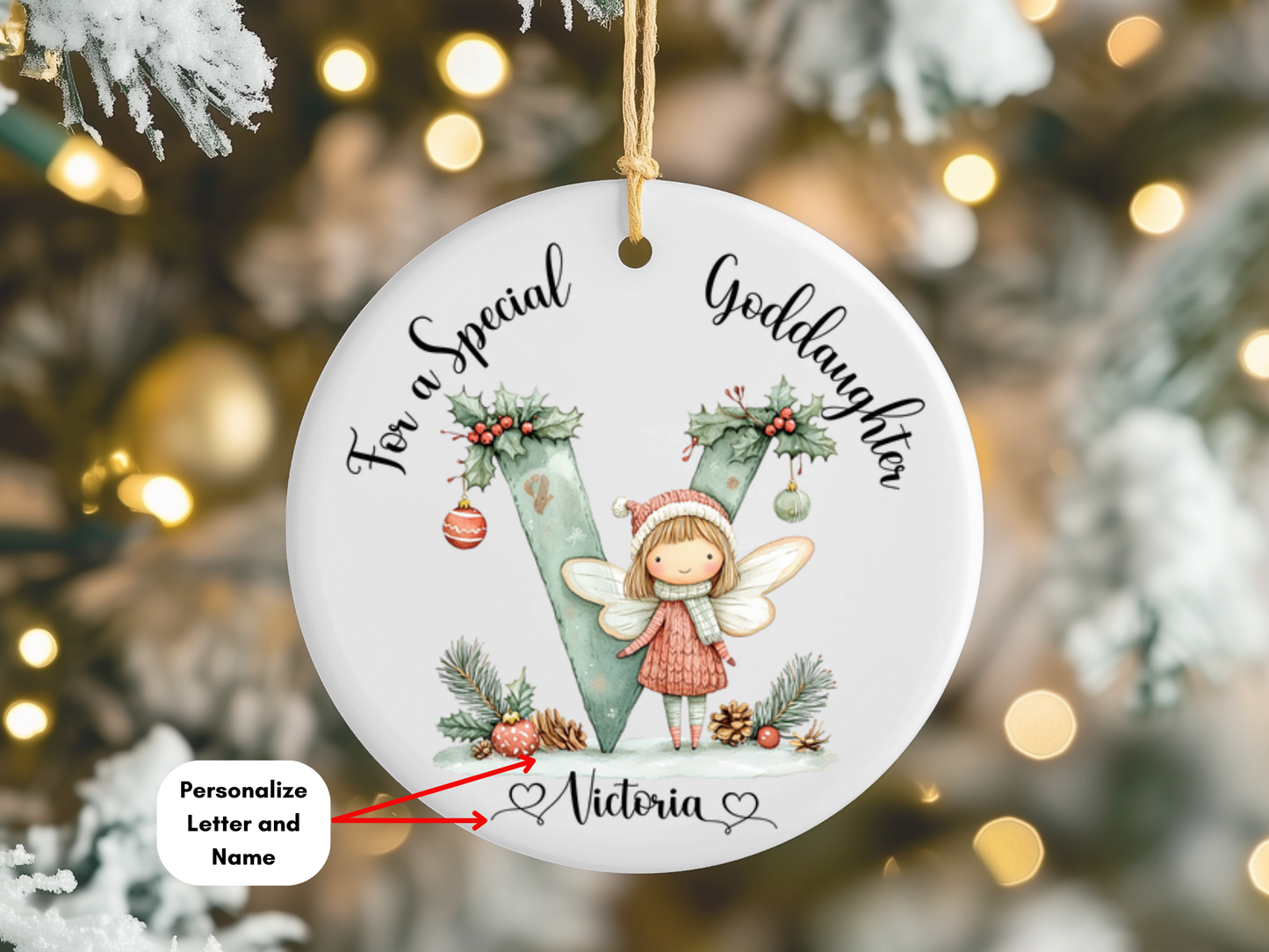 Personalized Christmas Fairy Alphabet Goddaughter Christmas Tree Porcelain Ornament, For A Special Goddaughter Bauble, Christmas Keepsake