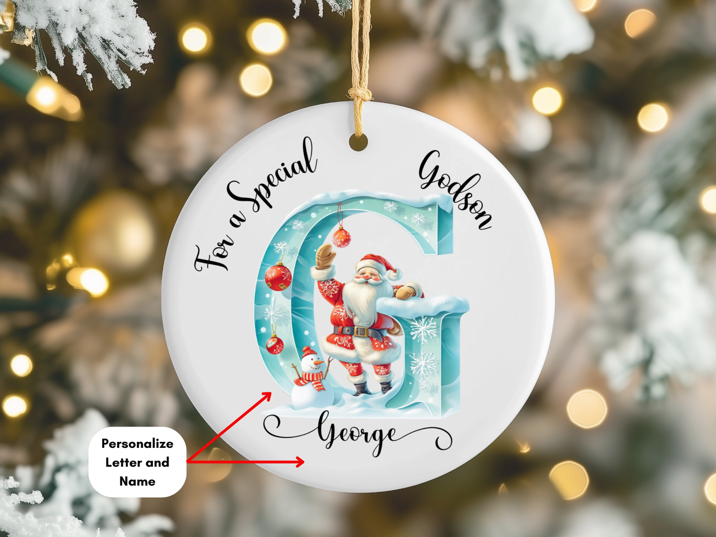 Personalized Christmas Ice Alphabet Godson Christmas Tree Porcelain Ornament, For A Special Godson Bauble, Christmas Keepsake