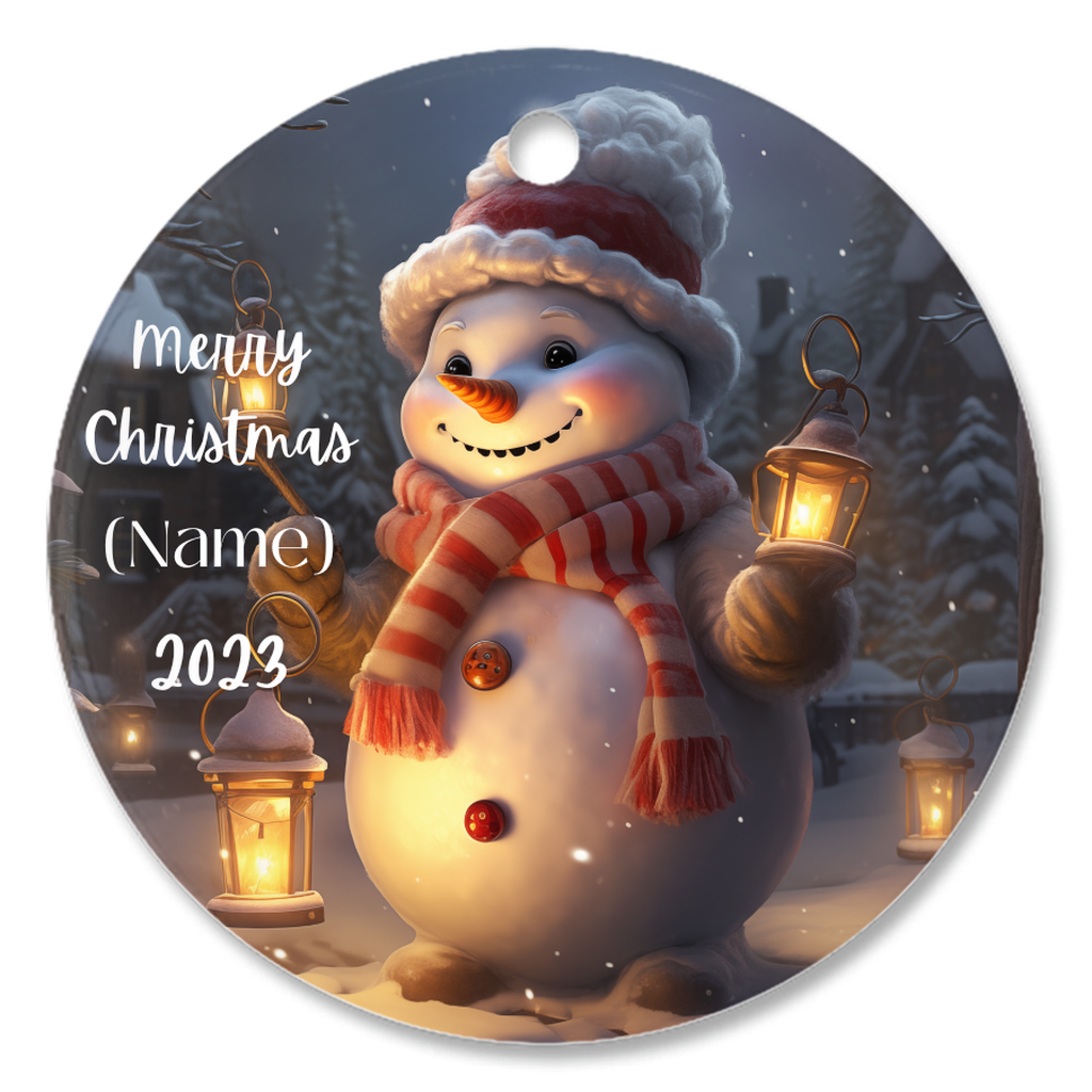 Charming Personalized Children’s Snowman Porcelain Christmas Ornament:  Elegance in Every Detail for Your Holiday Joy!