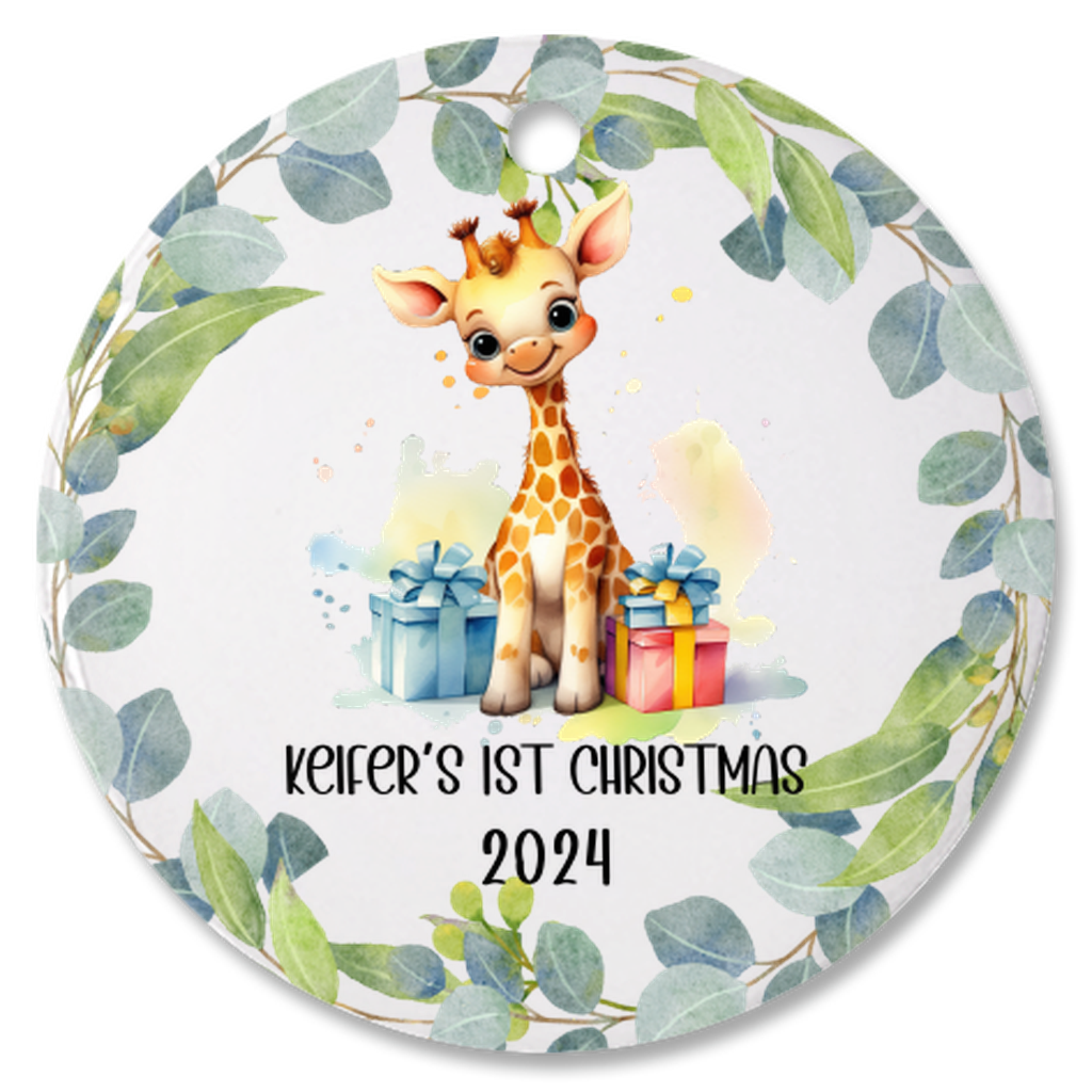 Personalized, Customized Baby’s First Christmas Porcelain Cute Giraffe Ornament, Baby’s 1st Christmas Bauble, Baby’s Christmas Keepsake