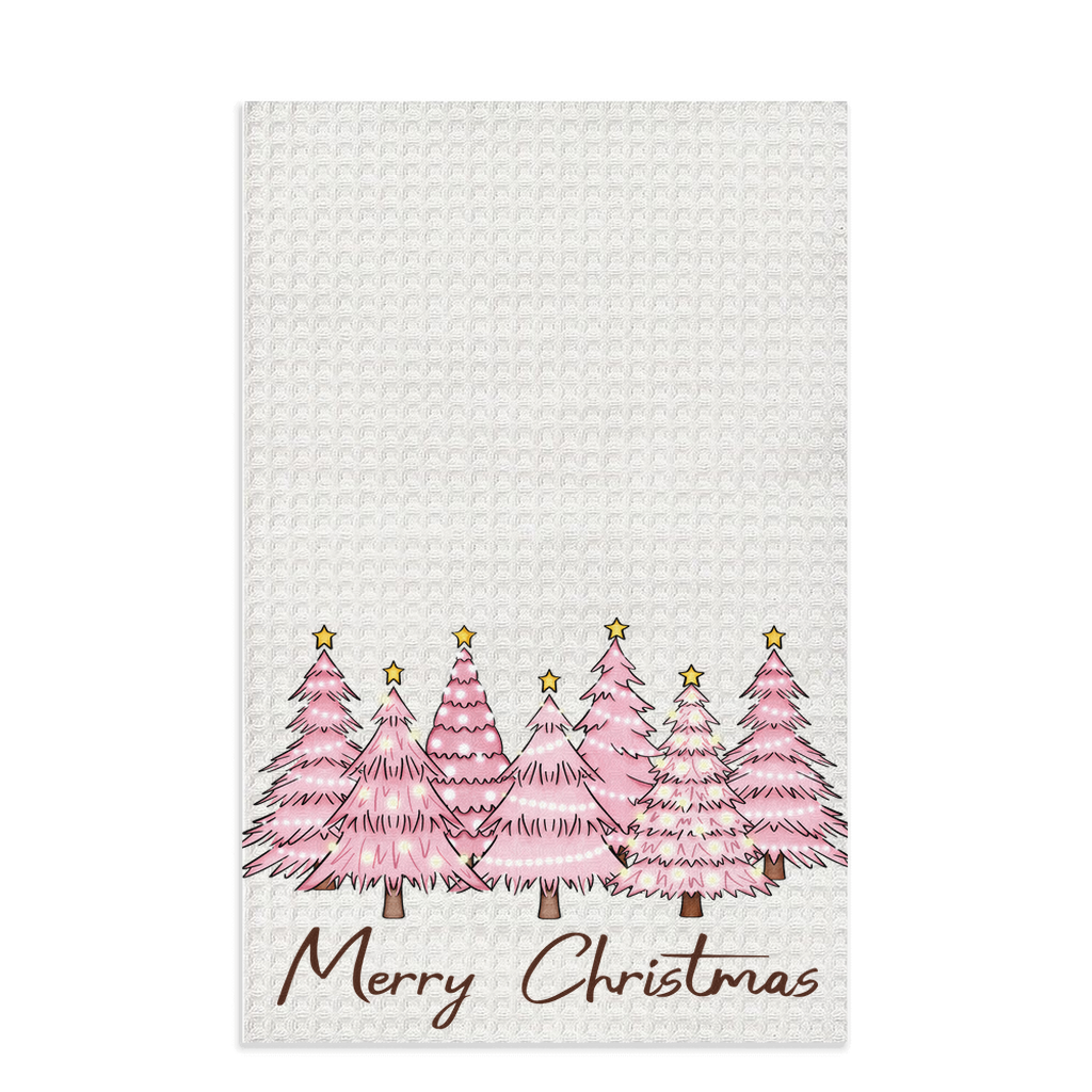 Beautiful Pink Christmas Tree-Themed "Merry Christmas" Waffle Kitchen Tea Towel, Cute Christmas Waffle Dish Towel, Cute Stocking Filler