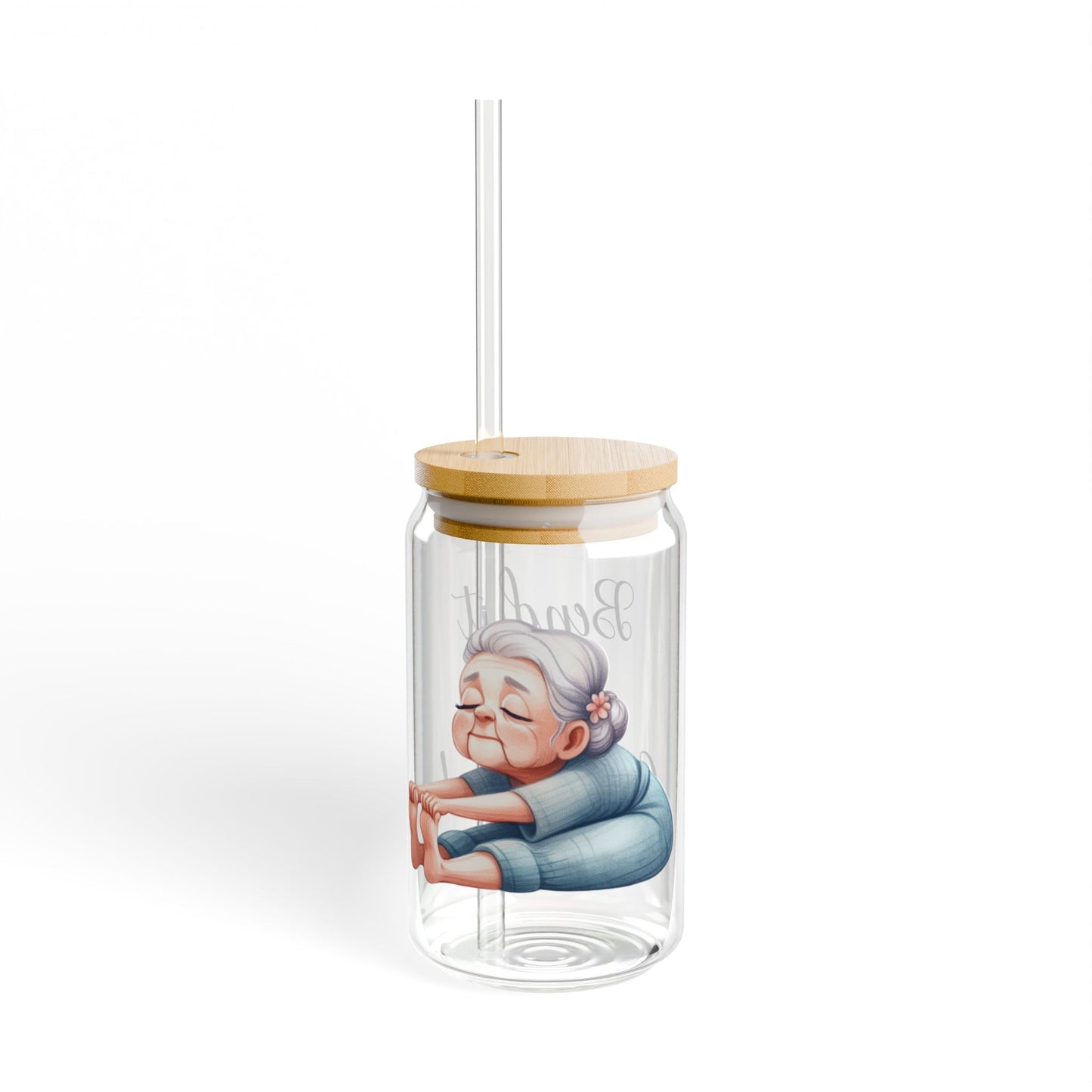 Our "Grandma Yoga" Collection Sipper Glass with Bamboo Lid and Tritan Straw!