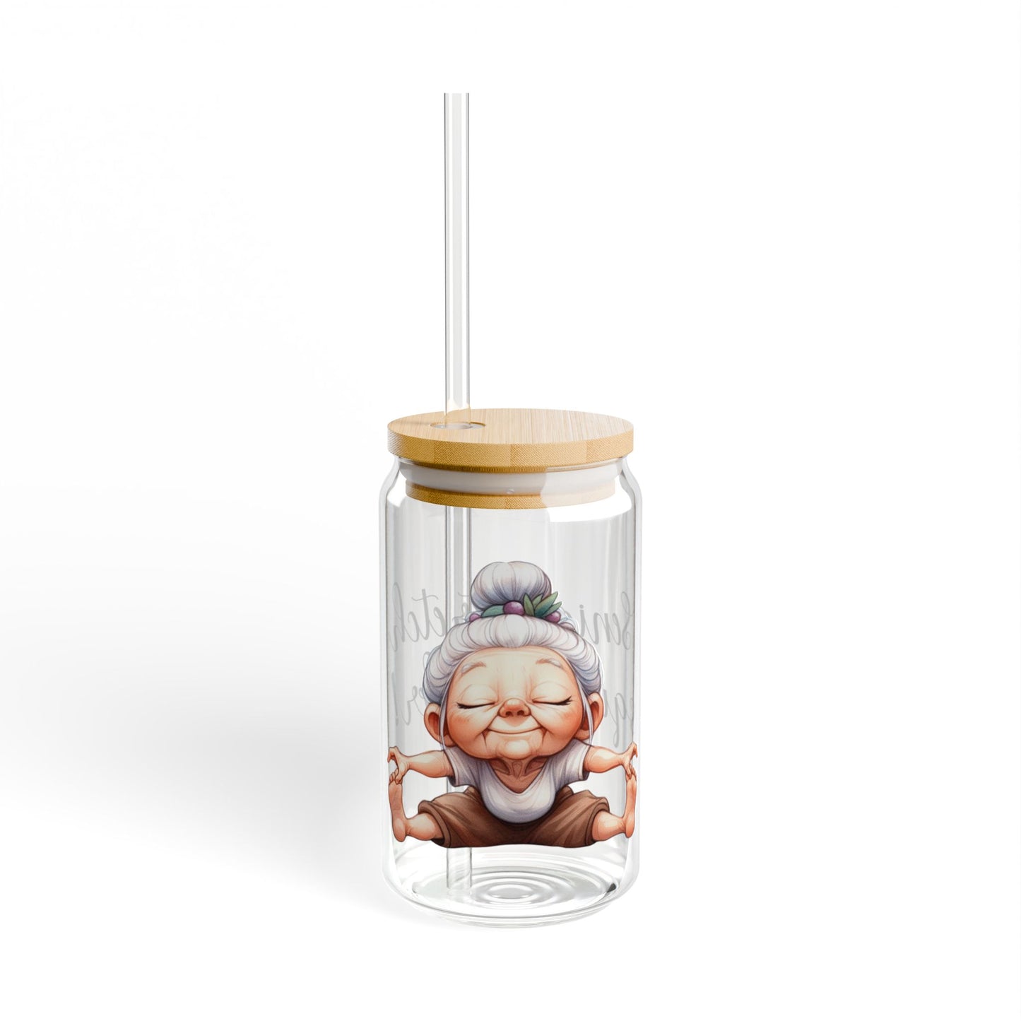 Our "Grandma Yoga" Collection Sipper Glass with Bamboo Lid and Tritan Straw!