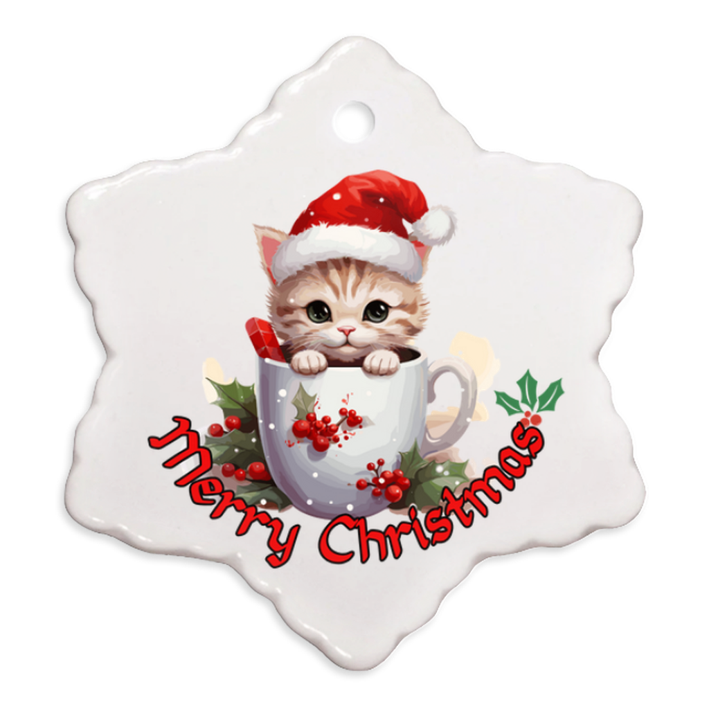 Radiant 3D Porcelain Christmas Kitten Ornament:  Elegance in Every Detail for Your Holiday Joy!