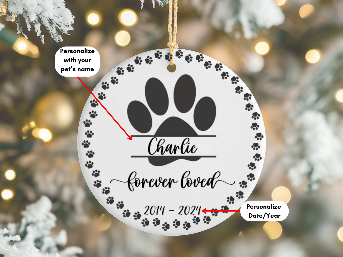 Personalized "Forever Loved" Pet Memorial Ornament, Sympathy Gift For Loss Of Cat or Dog, Remembrance Gift Pet Loss, Pawprint Pet Keepsake