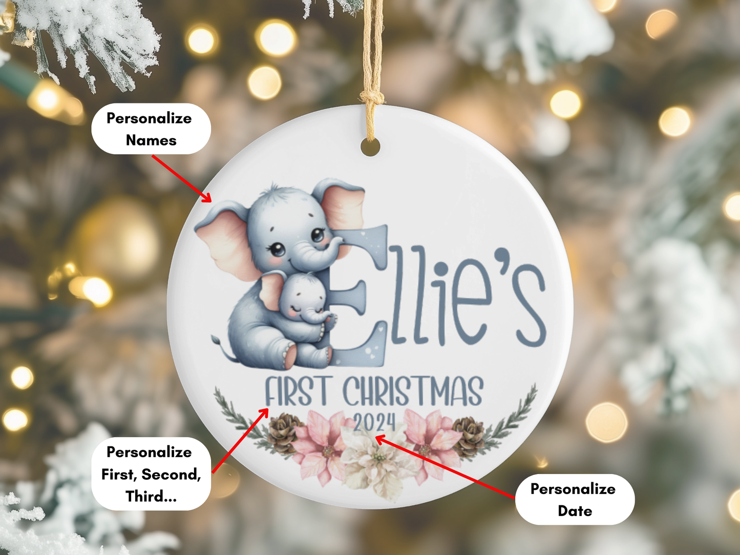Personalized, Customized Baby’s First Christmas Tree Porcelain Animal Alphabet Ornament, Baby’s 1st Christmas Bauble, Baby’s Christmas Keepsake