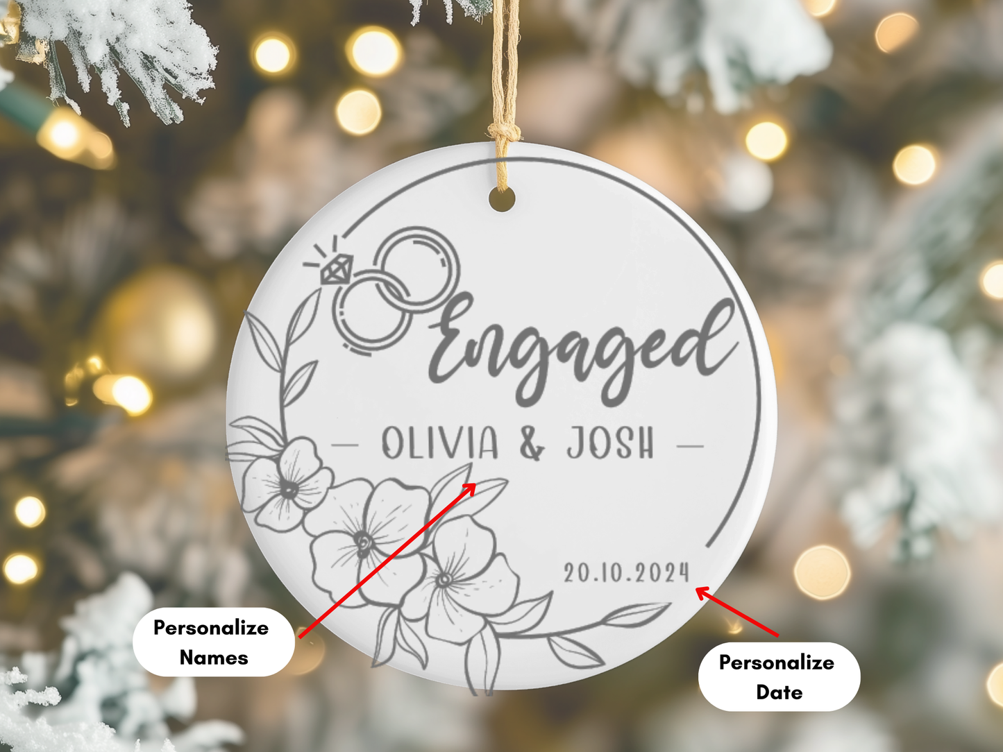 Personalized Engagement Ornament, Engagement Gift, Engagement Present, Newly Engaged Couple Gift, Engaged Ceramic Hanging Keepsake