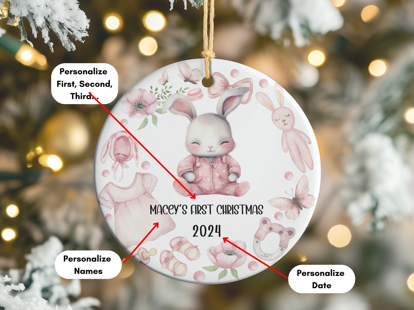 Personalized, Customized Baby’s First Christmas Porcelain Pink Bunny Ornament, Baby’s 1st Christmas Bauble, Baby’s Christmas Keepsake