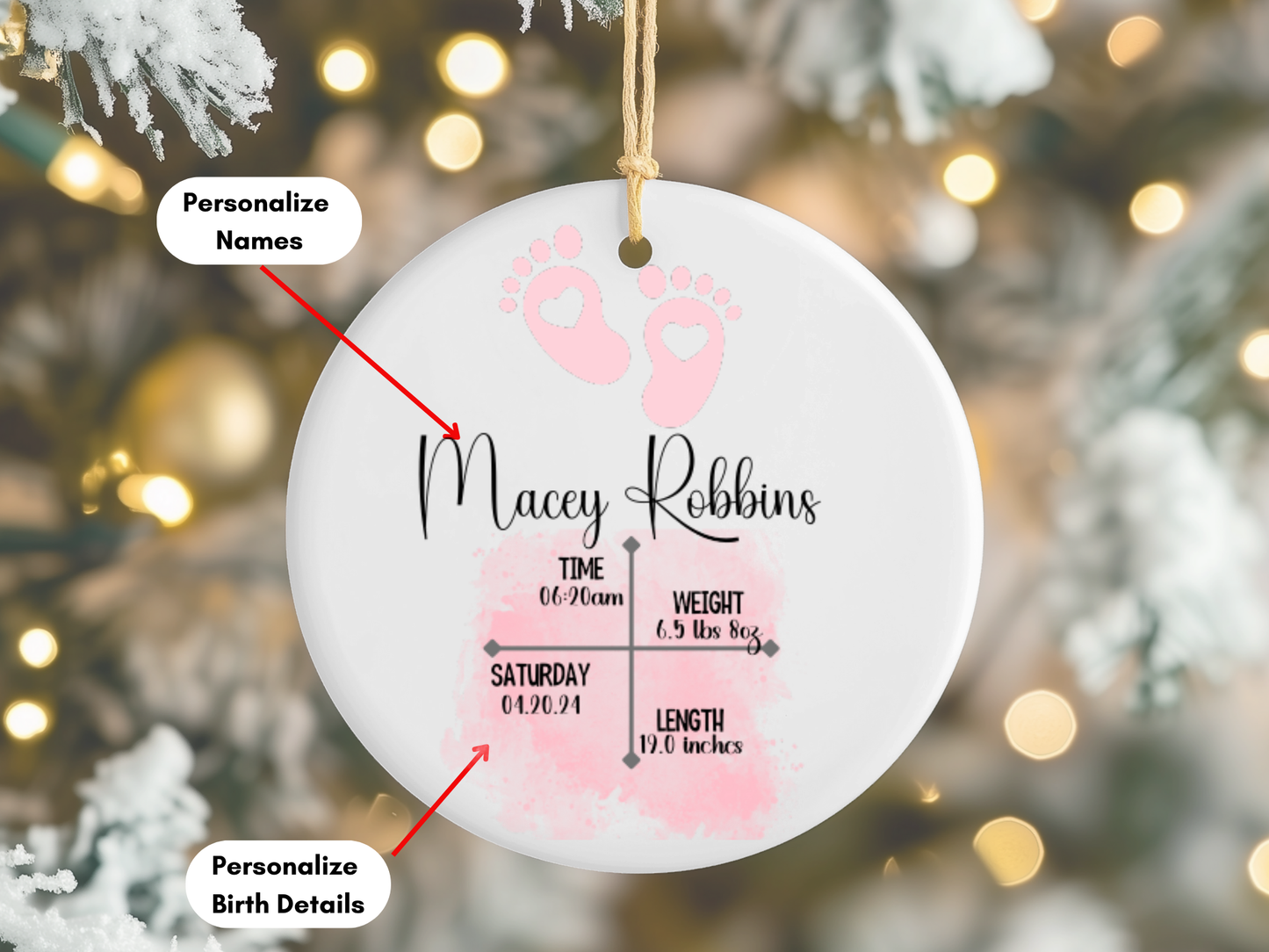 Personalized Newborn Baby Girl Birth Details Porcelain Keepsake Bauble, Baby Girl First Christmas Pink Ornament With Birth Details