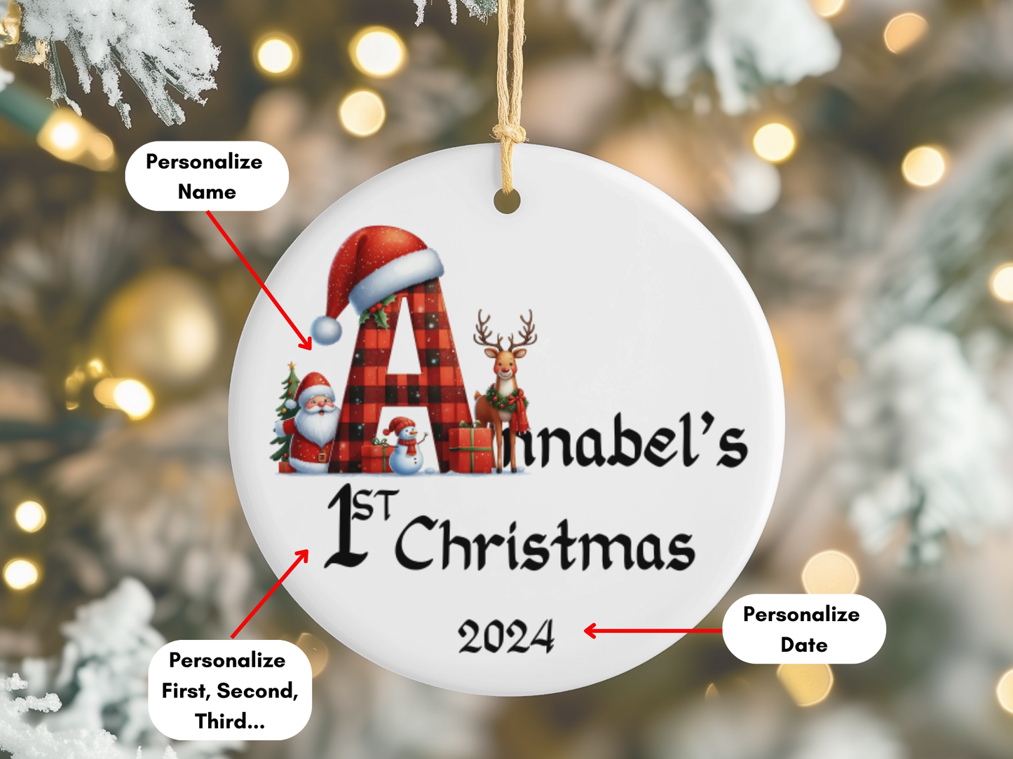 Personalized, Customized Baby’s First Christmas Tree Porcelain Ornament, Baby’s 1st Christmas Bauble, Baby’s Christmas Keepsake