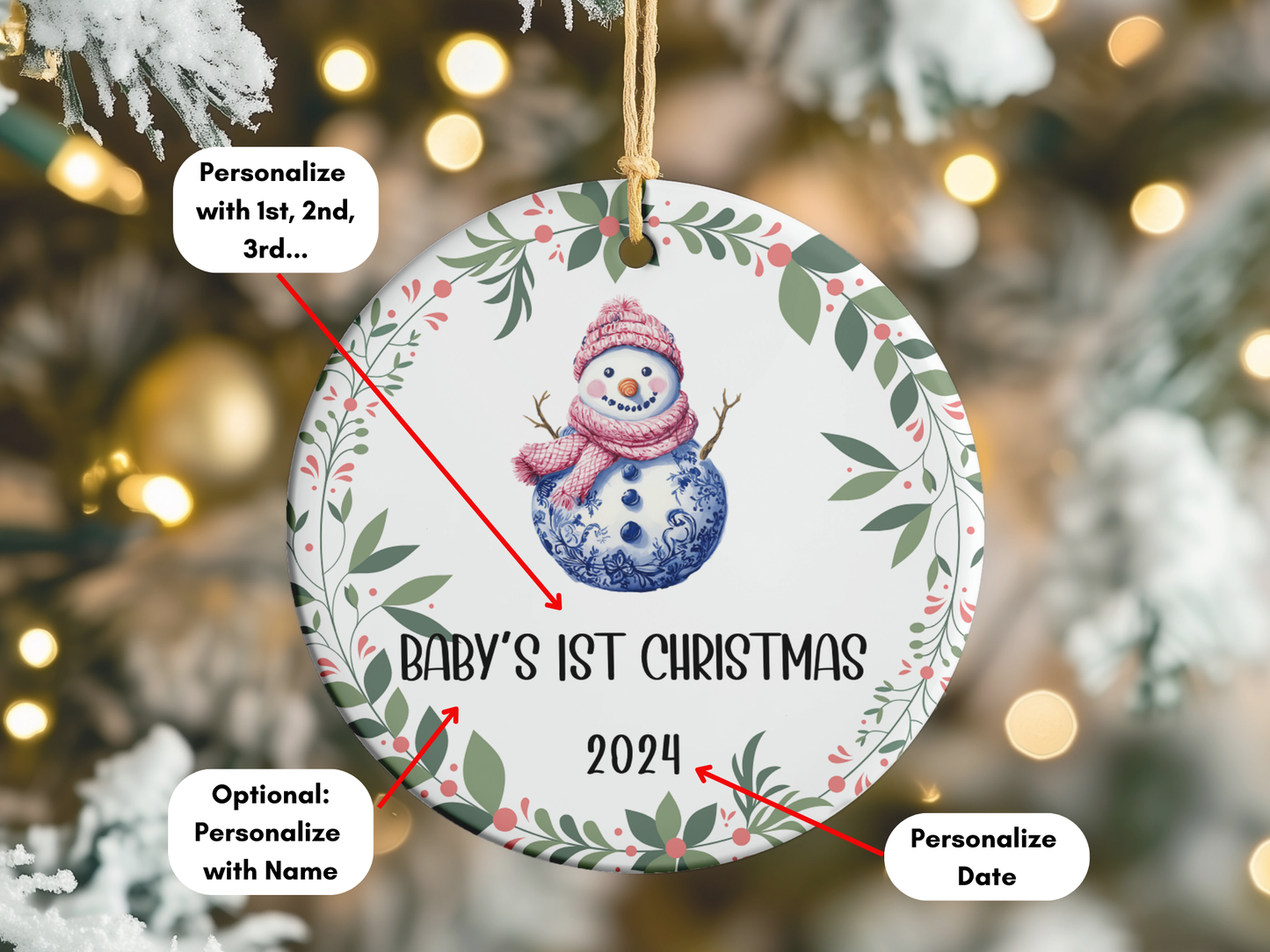 Personalized, Customized Baby’s First Christmas Tree Porcelain Snowman Ornament, Baby’s 1st Christmas Bauble, Baby’s Christmas Keepsake