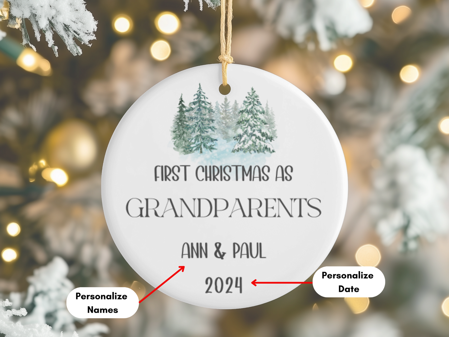 Personalized "First Christmas As Grandparents" Christmas Tree Porcelain Ornament, 1st Xmas Bauble Decoration for Grandma and Grandad