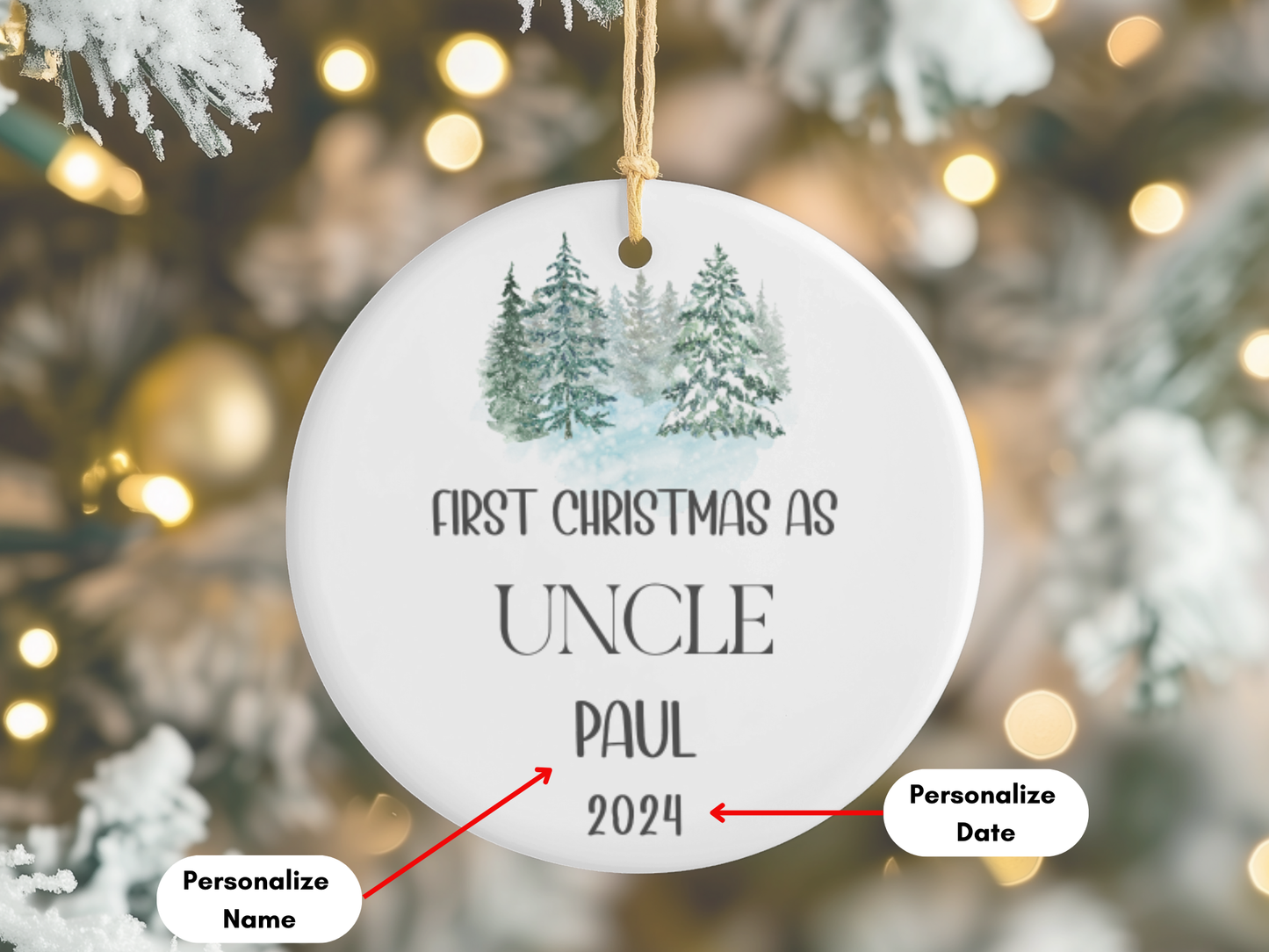 Personalized "First Christmas As Uncle" Christmas Tree Porcelain Ornament, 1st Xmas Bauble Decoration for Uncle