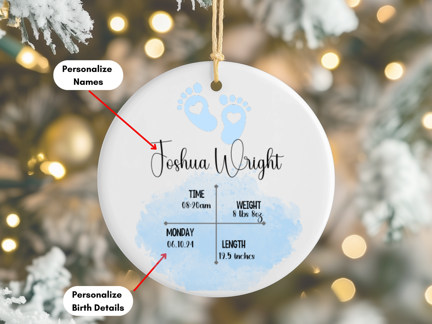 Personalized Newborn Baby Boy Birth Details Porcelain Keepsake Bauble, Baby Boy First Christmas Pastel Rainbow Ornament With Birth Details