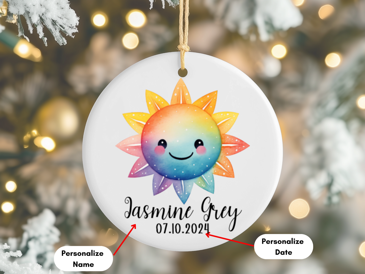 Personalized Newborn Baby Girl And Boy Sun Porcelain Keepsake Bauble, Baby Girl And Boy First Christmas Colorful Sun Ornament