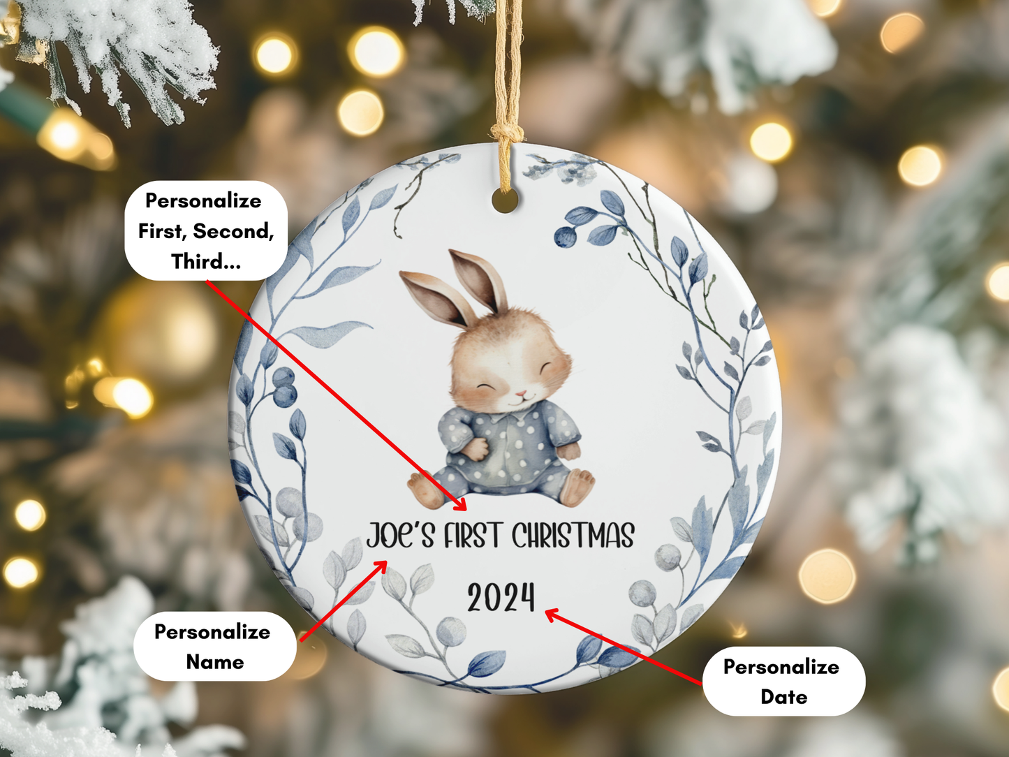 Personalized, Customized Baby’s First Christmas Porcelain Grey Bunny Ornament, Baby’s 1st Christmas Bauble, Baby’s Christmas Keepsake