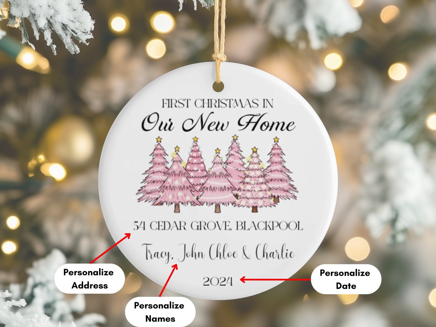 Personalized “First Christmas In Our New Home” Pink Christmas Tree Porcelain Ornament, Customized New House Bauble, Our First Home Keepsake