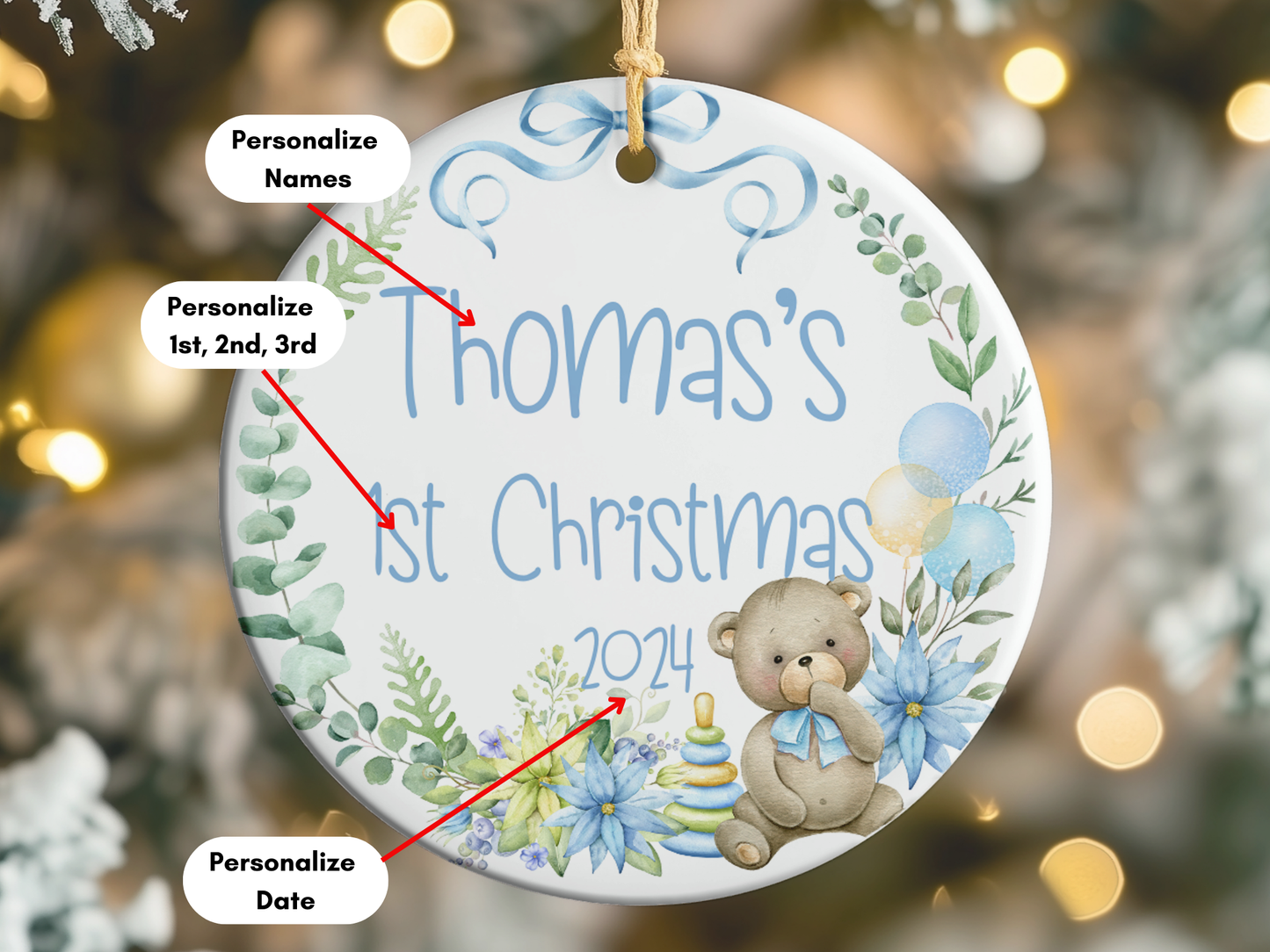 Personalized, Customized Baby’s First Christmas Tree Porcelain Teddy Bear Ornament, Baby’s 1st Christmas Bauble, Baby’s Christmas Keepsake