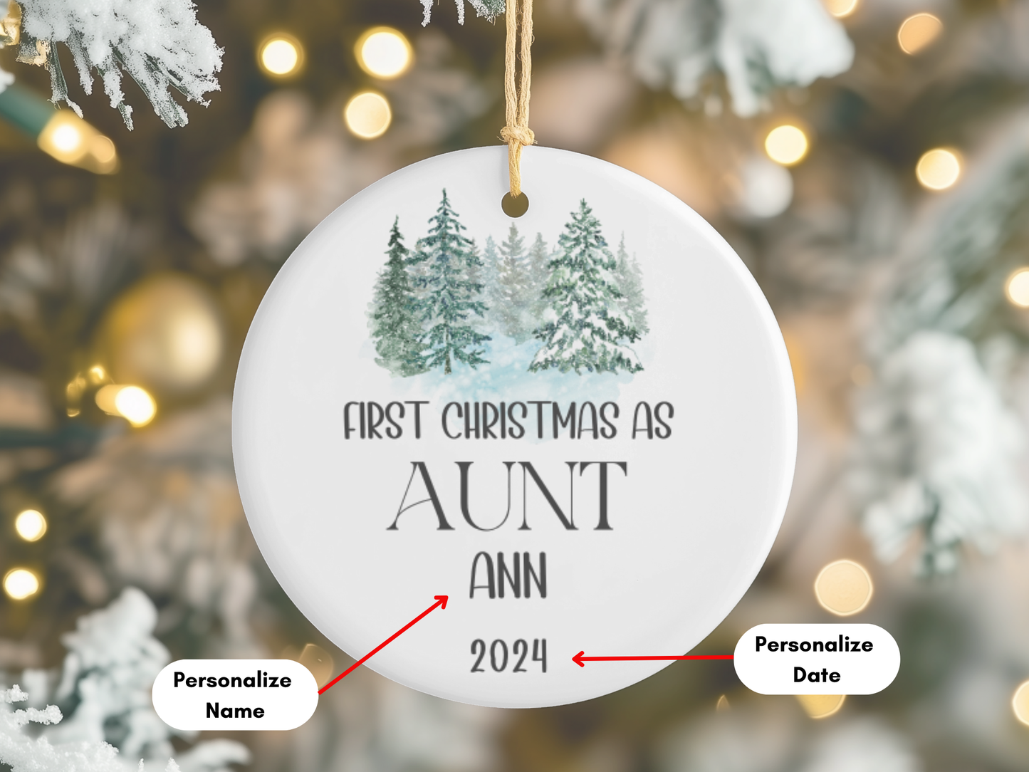 Personalized "First Christmas As Aunt" Christmas Tree Porcelain Ornament, 1st Xmas Bauble Decoration for Aunt