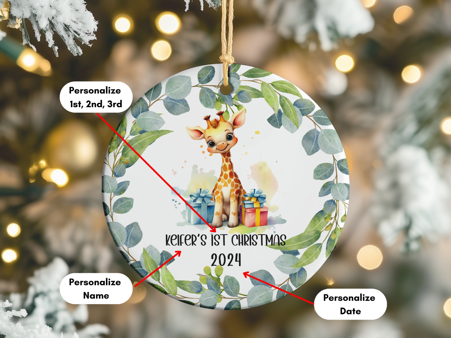 Personalized, Customized Baby’s First Christmas Porcelain Cute Giraffe Ornament, Baby’s 1st Christmas Bauble, Baby’s Christmas Keepsake