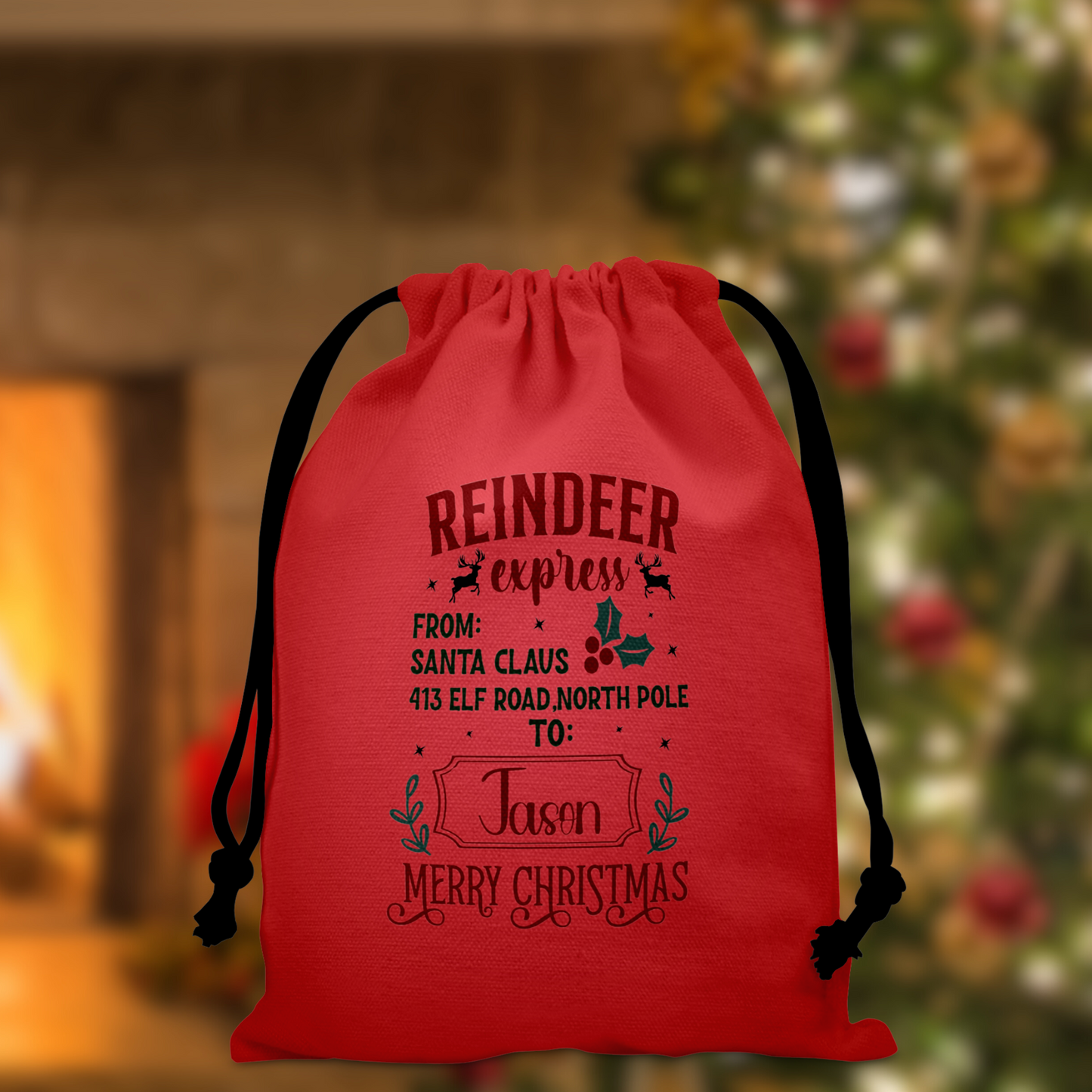 Personalized Large Christmas Drawstring Sack, "Reindeer Express from Santa Claus To Jason" Personalized Bag, Santa Sack, Kid's Christmas Sack, Christmas Bags, Party Supplies Bag, Gift Sacks