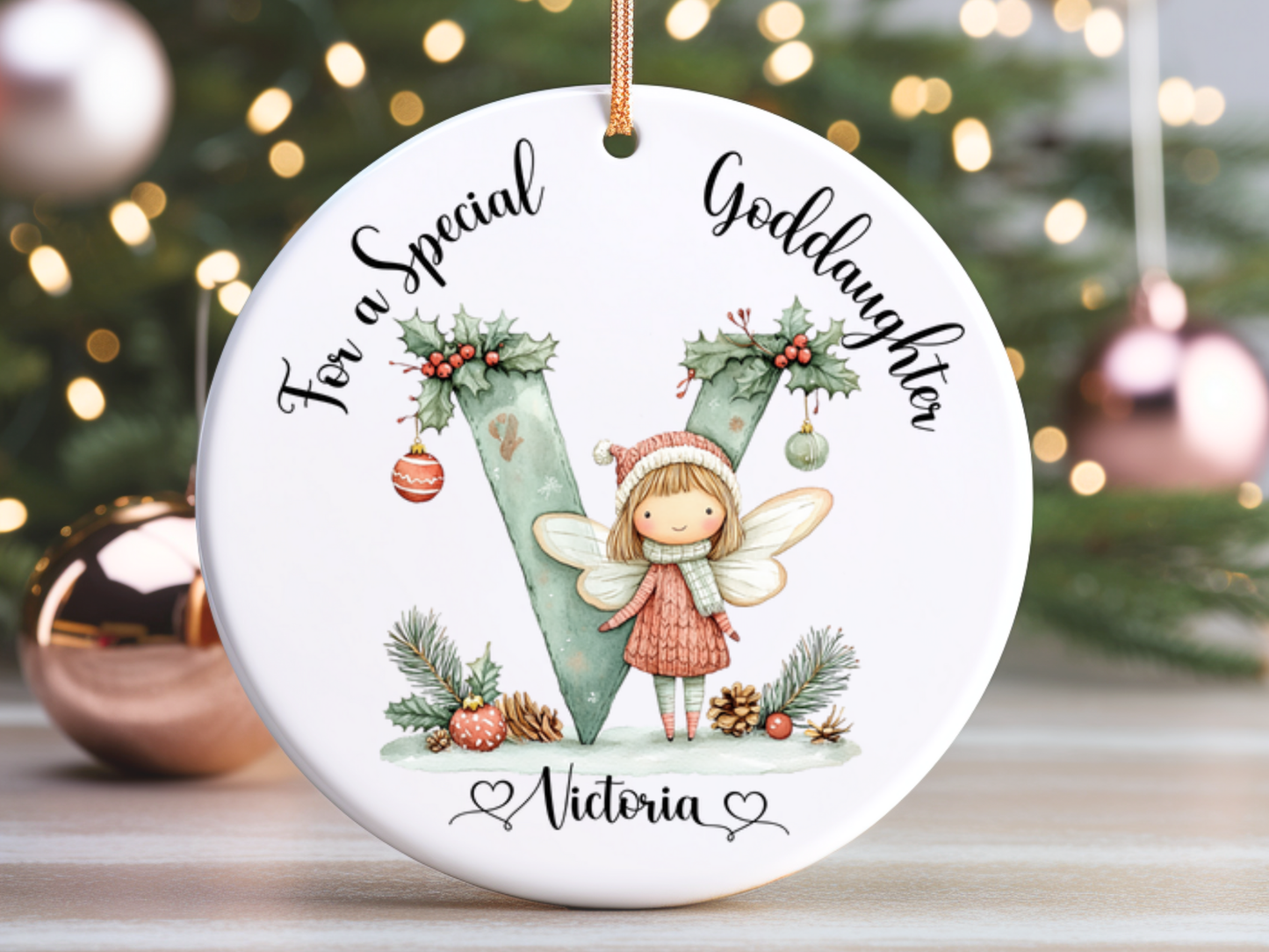 Personalized Christmas Fairy Alphabet Goddaughter Christmas Tree Porcelain Ornament, For A Special Goddaughter Bauble, Christmas Keepsake