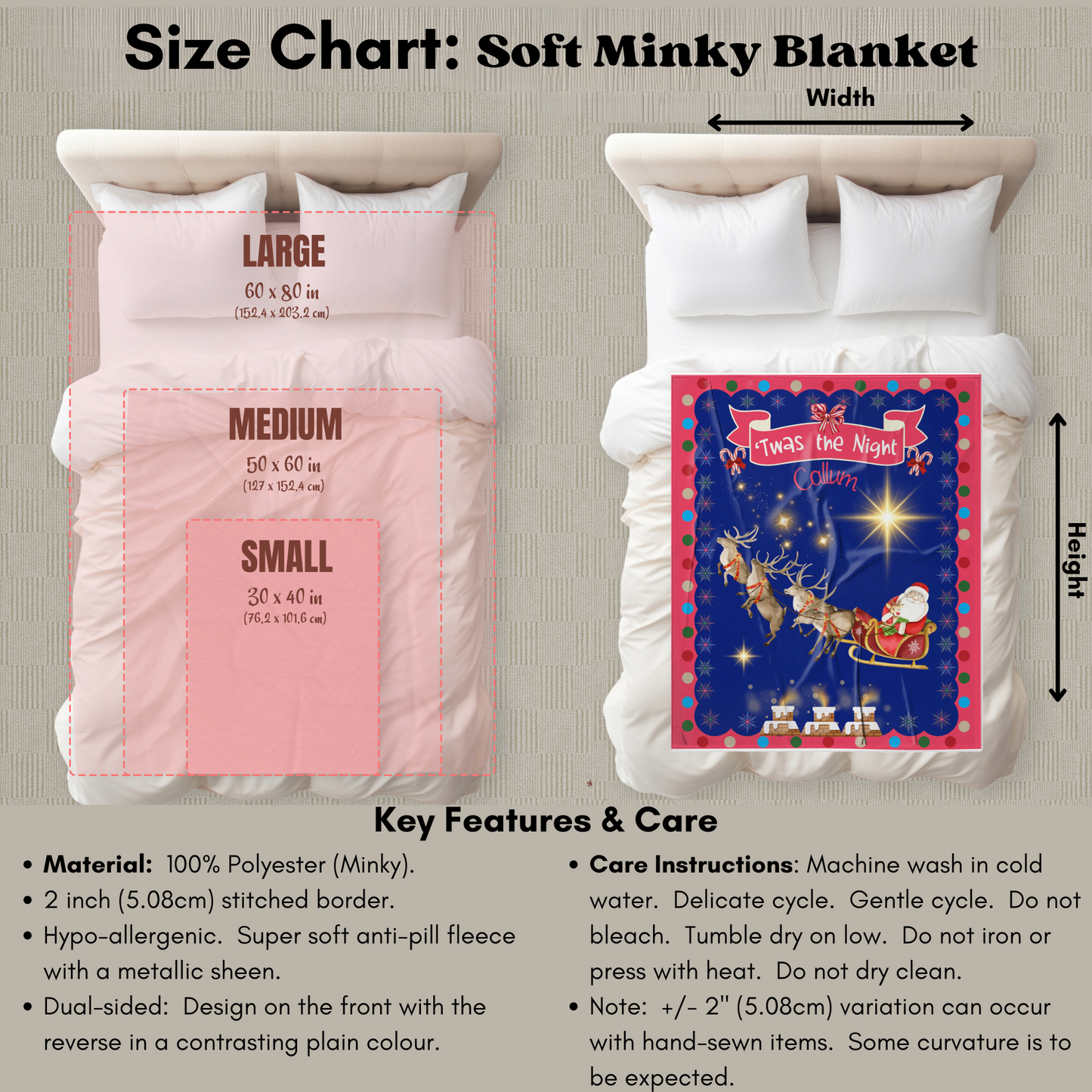 Personalized Children’s Santa's Reindeer Sleigh Plush Minky Blanket, Soft Minky Baby Blanket, 30x40”, 50x60”, 60x80” Kids Throw Blanket.