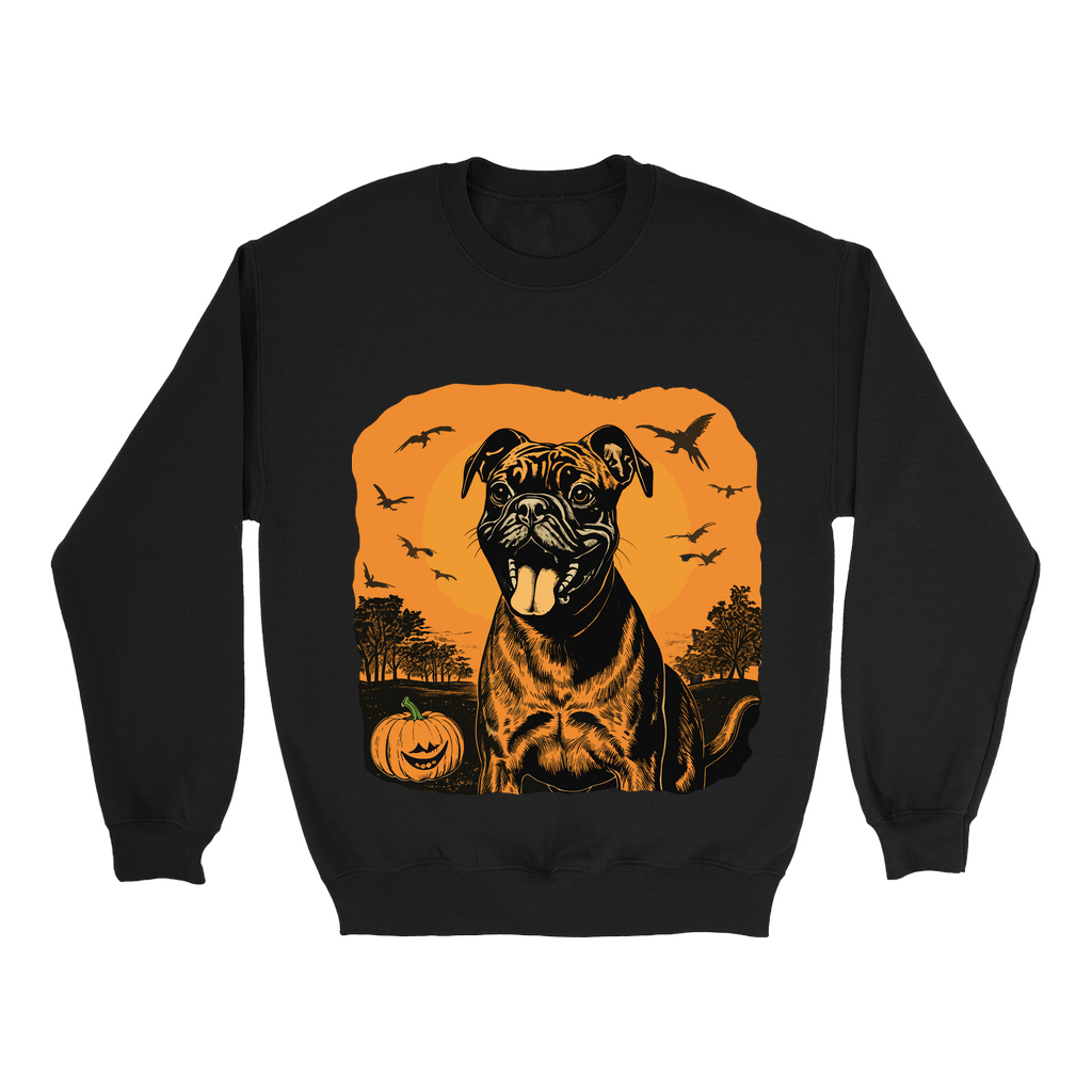 Explore our bewitching collection of Halloween sweatshirts, showcasing the mysterious allure of a boxer dog on the front.