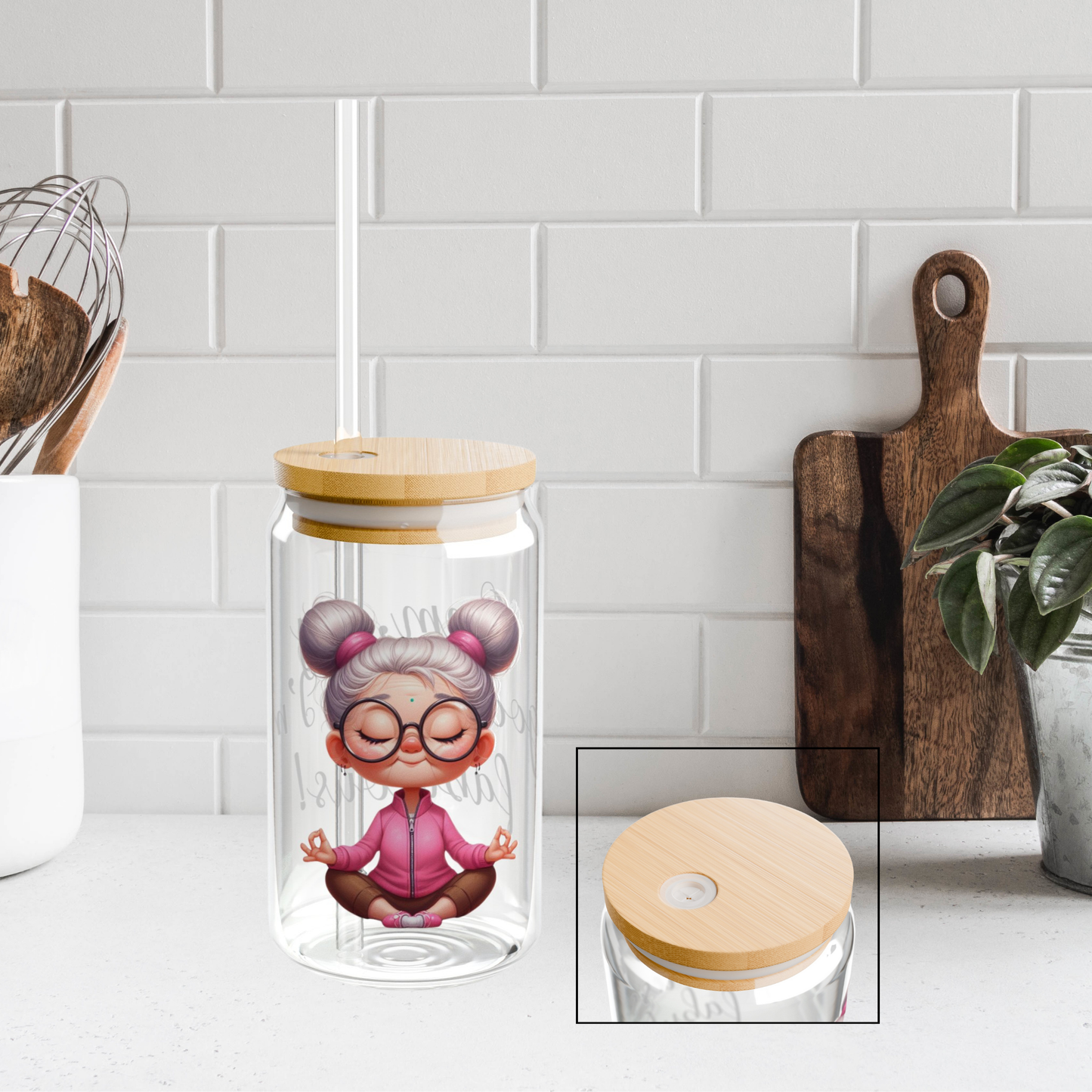 Our "Grandma Yoga" Collection Sipper Glass with Bamboo Lid and Tritan Straw!