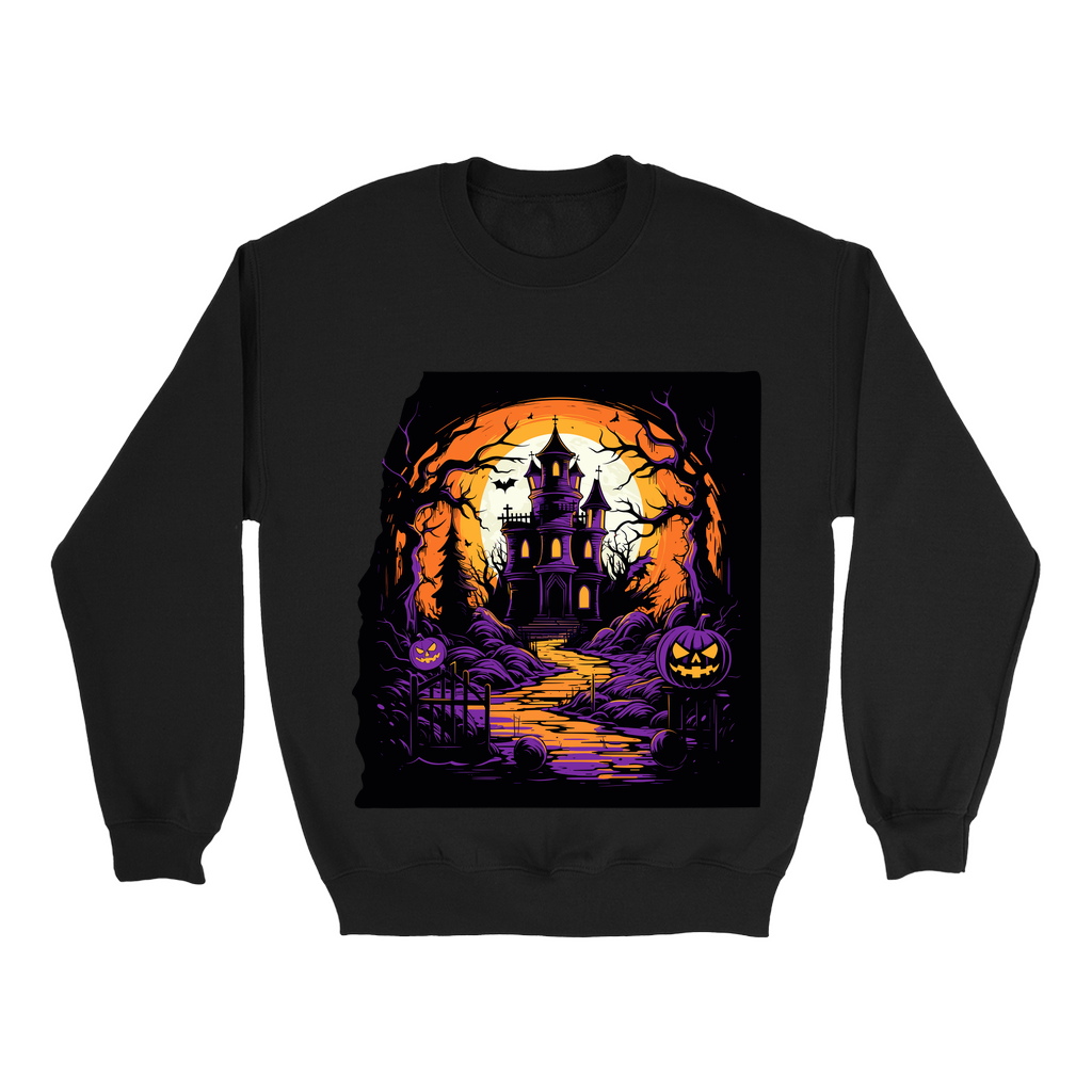 Explore our bewitching collection of Halloween sweatshirts, showcasing the mysterious allure of a haunted house on the front.