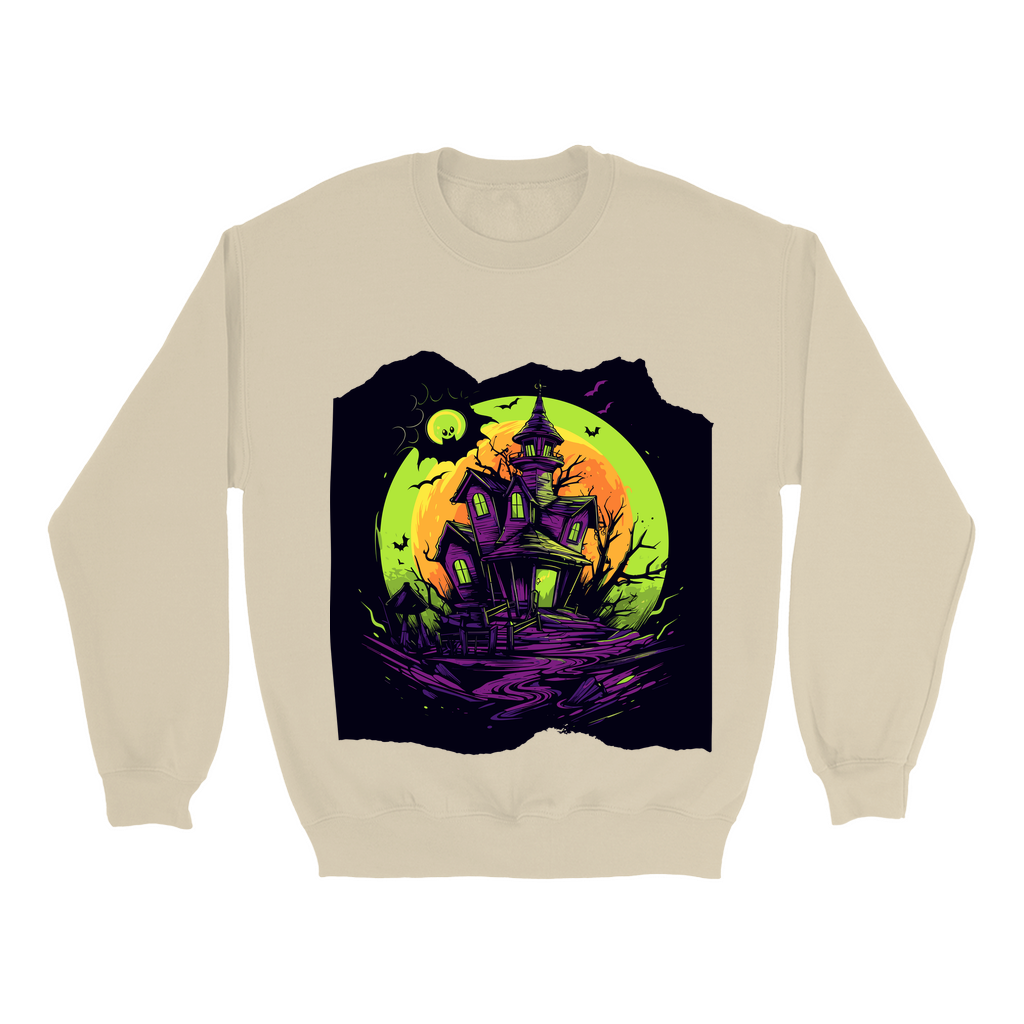 Explore our bewitching collection of Halloween sweatshirts, showcasing the mysterious allure of a haunted house on the front.