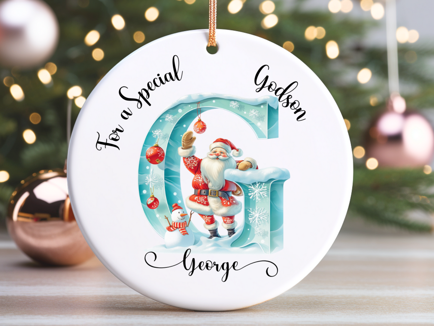 Personalized Christmas Ice Alphabet Godson Christmas Tree Porcelain Ornament, For A Special Godson Bauble, Christmas Keepsake