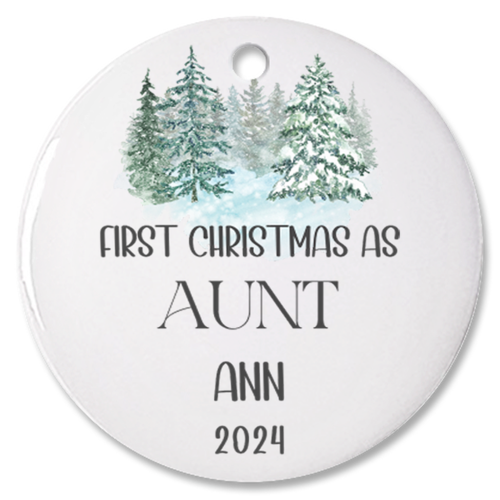 Personalized "First Christmas As Aunt" Christmas Tree Porcelain Ornament, 1st Xmas Bauble Decoration for Aunt