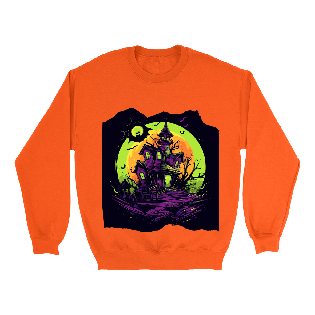 Explore our bewitching collection of Halloween sweatshirts, showcasing the mysterious allure of a haunted house on the front.