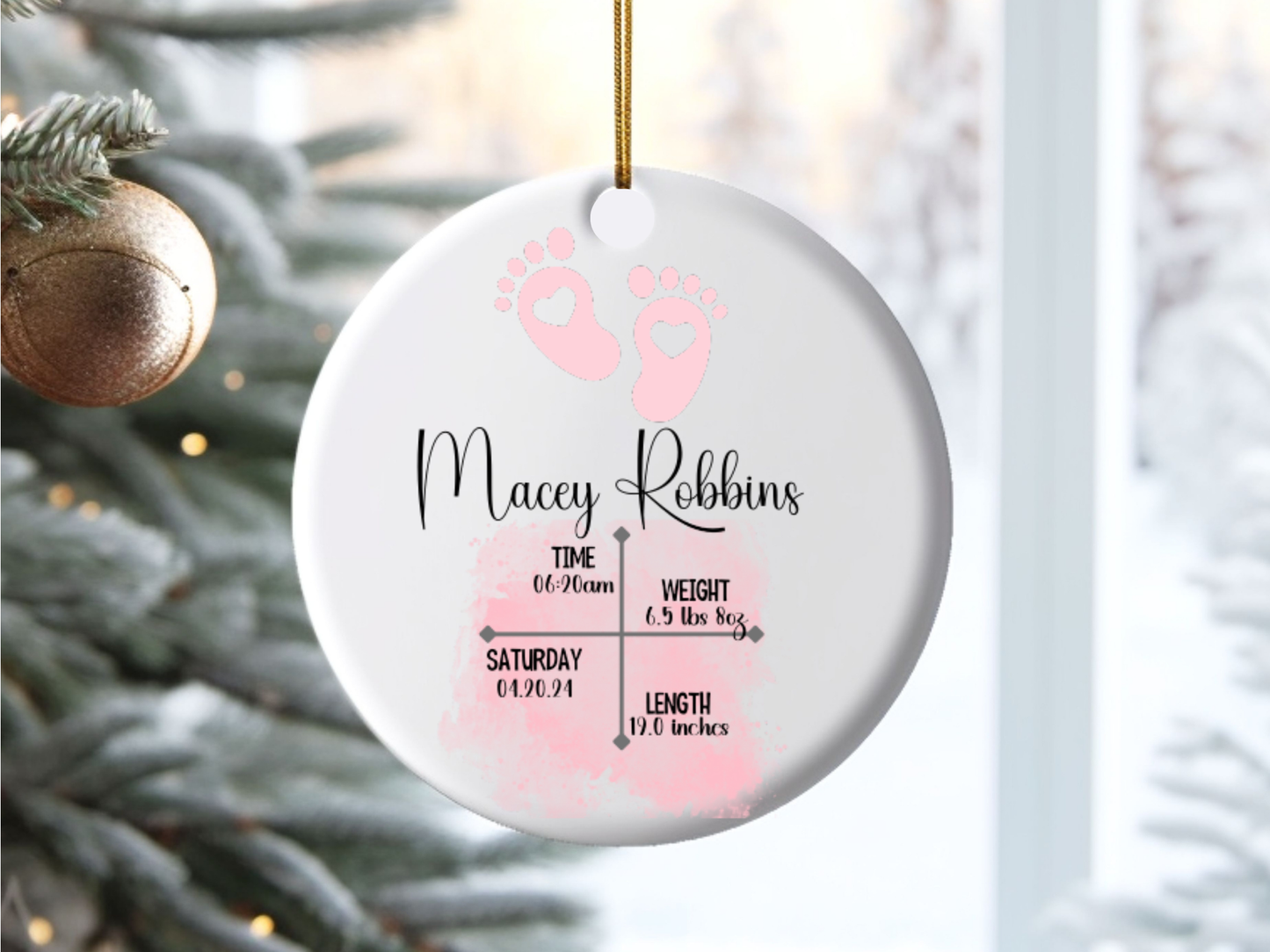 Personalized Newborn Baby Girl Birth Details Porcelain Keepsake Bauble, Baby Girl First Christmas Pink Ornament With Birth Details