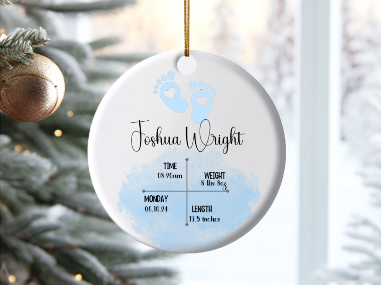 Personalized Newborn Baby Boy Birth Details Porcelain Keepsake Bauble, Baby Boy First Christmas Pastel Rainbow Ornament With Birth Details